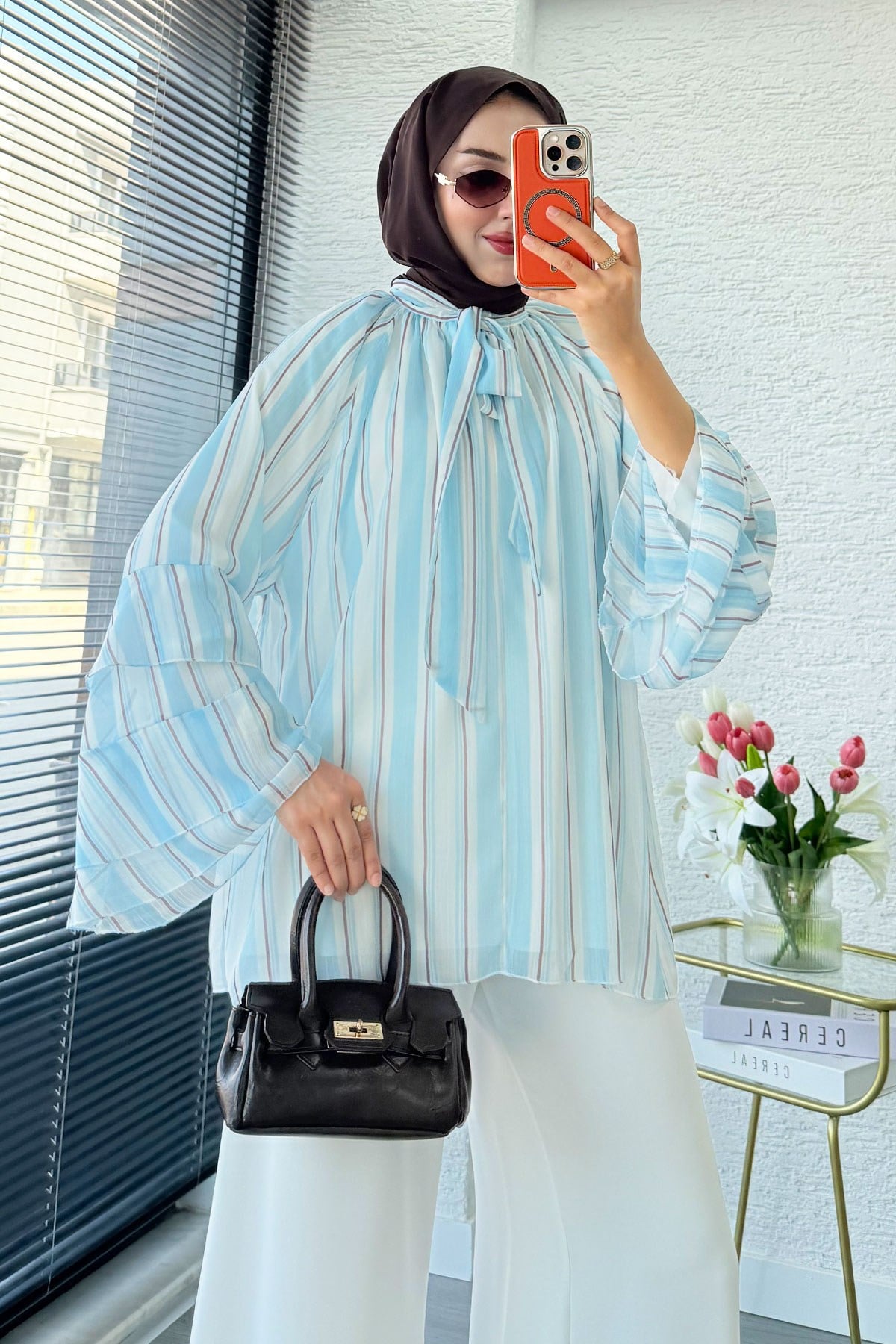 Premium Fular Bağlamalı Çizgili Şifon Bluz - Bebe Mavi