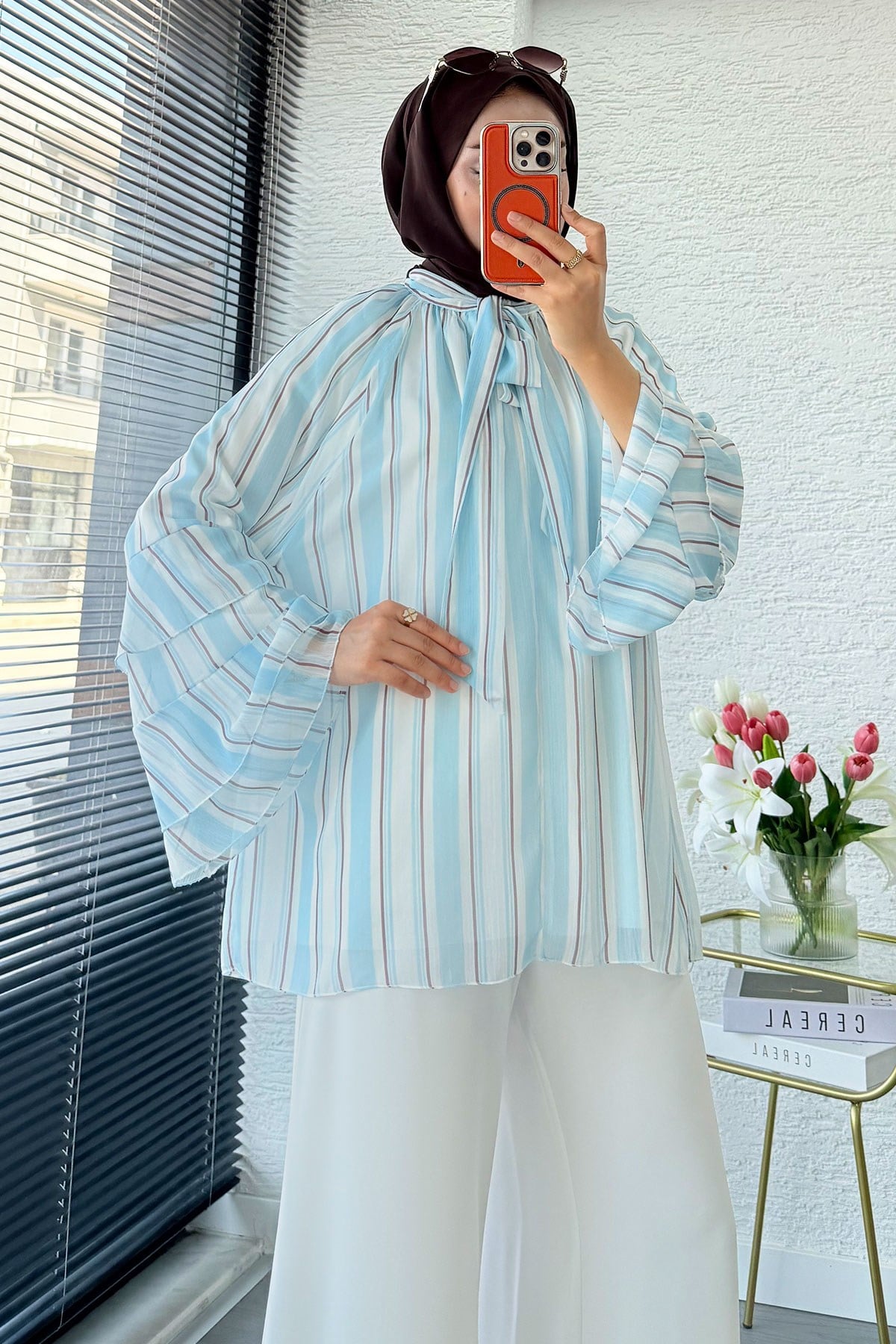 Premium Fular Bağlamalı Çizgili Şifon Bluz - Bebe Mavi