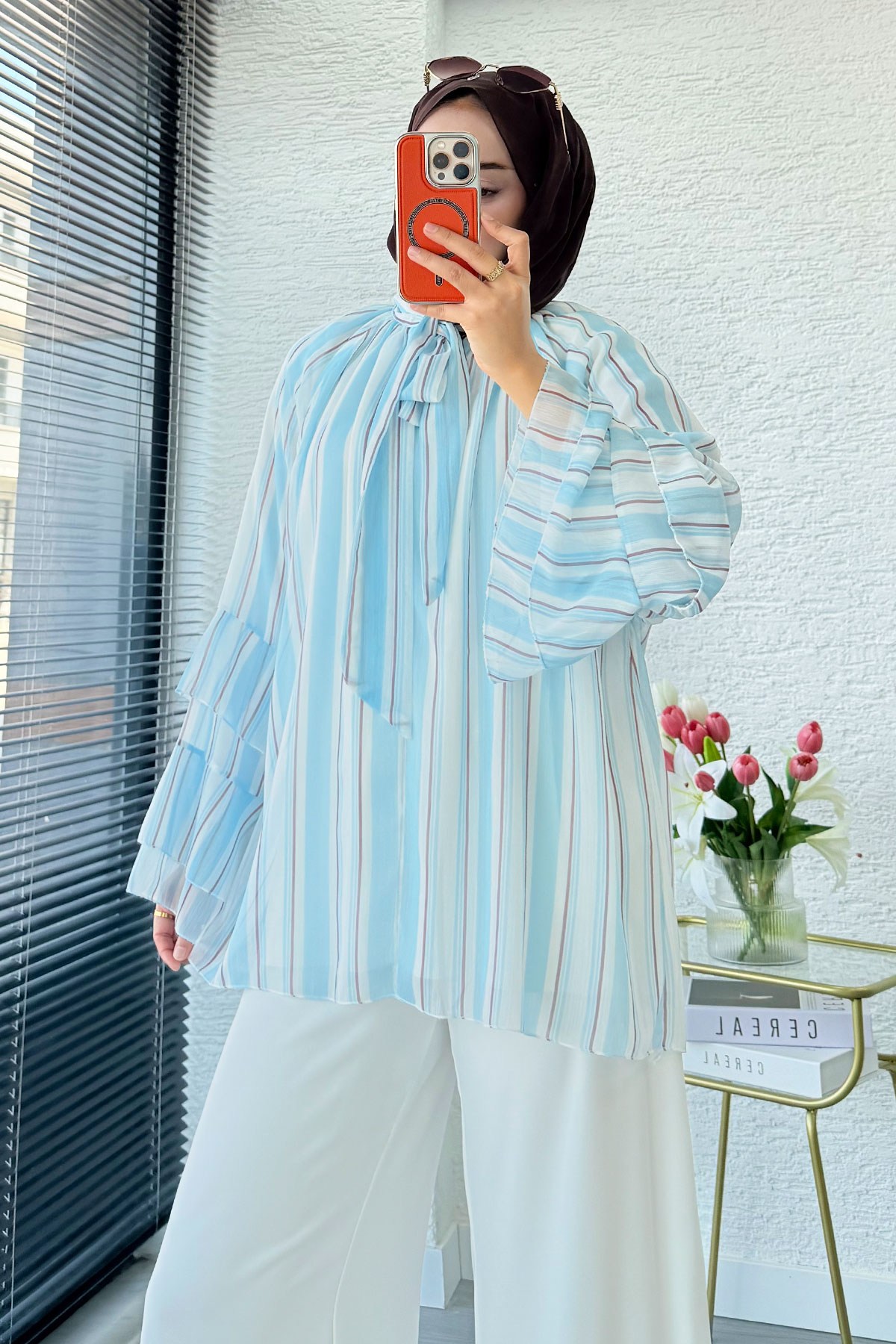 Premium Fular Bağlamalı Çizgili Şifon Bluz - Bebe Mavi