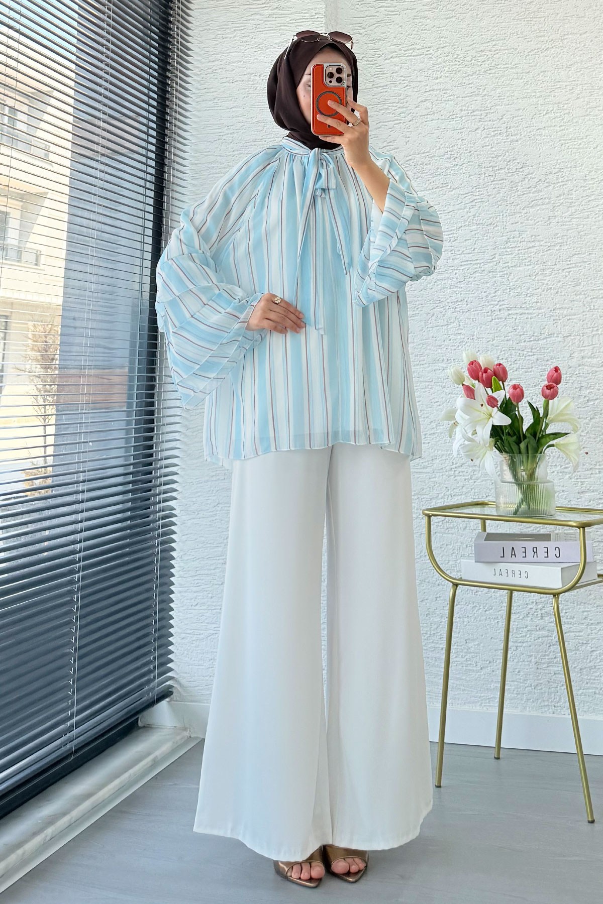 Premium Fular Bağlamalı Çizgili Şifon Bluz - Bebe Mavi