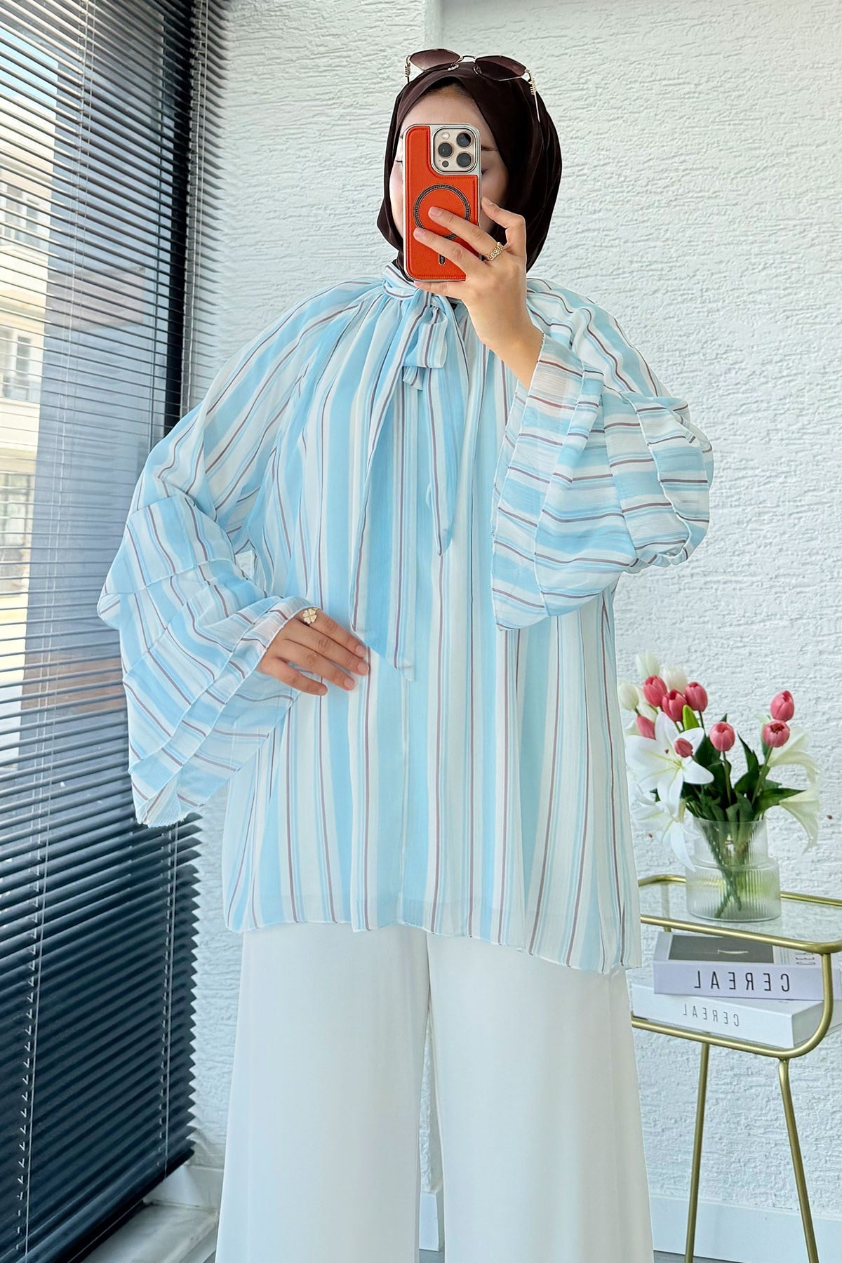 Premium Fular Bağlamalı Çizgili Şifon Bluz - Bebe Mavi