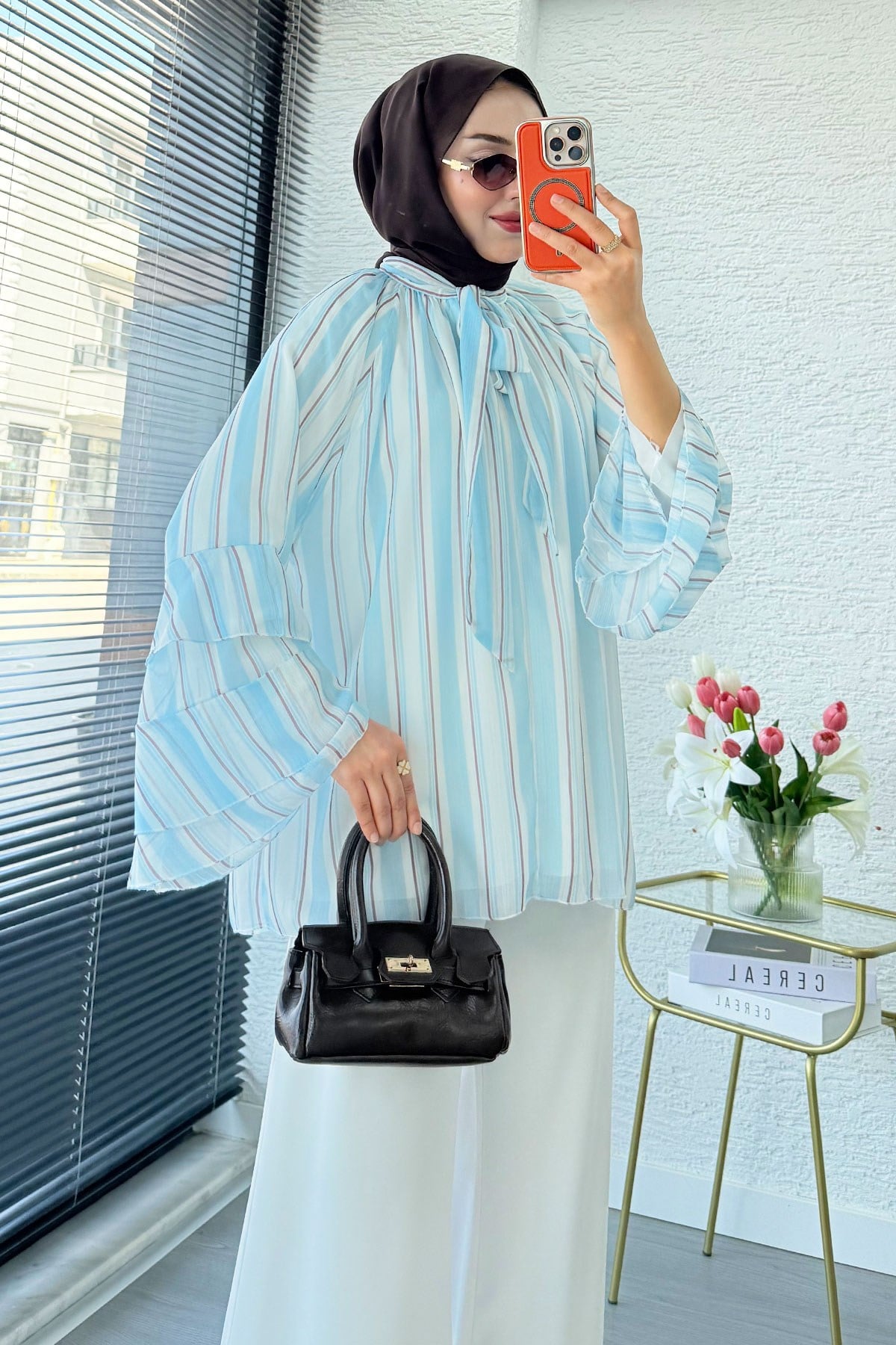 Premium Fular Bağlamalı Çizgili Şifon Bluz - Bebe Mavi