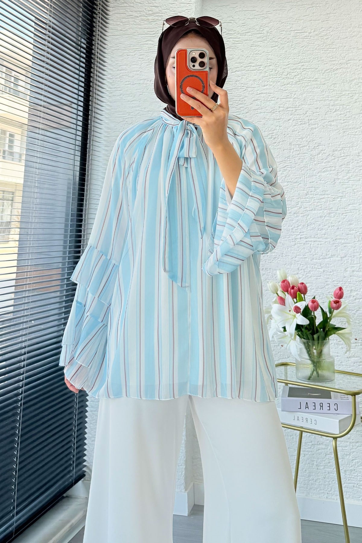 Premium Fular Bağlamalı Çizgili Şifon Bluz - Bebe Mavi