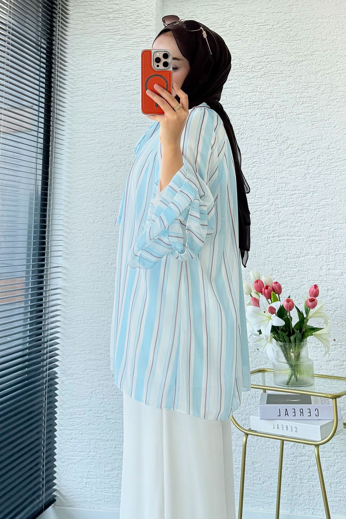 Premium Fular Bağlamalı Çizgili Şifon Bluz - Bebe Mavi