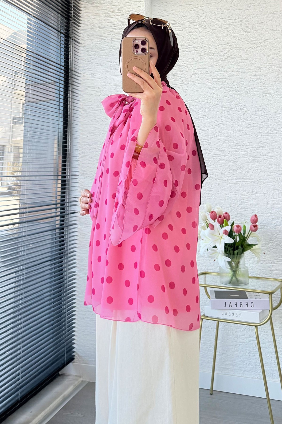 Premium Fular Bağlamalı Puantiyeli Şifon Bluz - Pembe