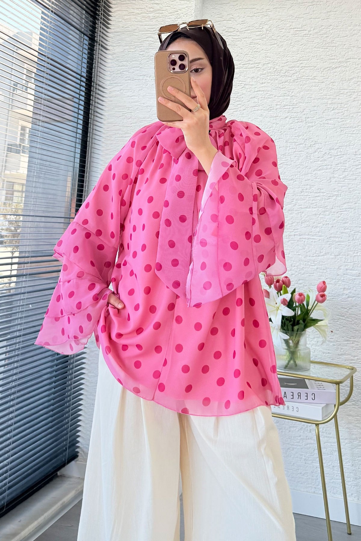 Premium Fular Bağlamalı Puantiyeli Şifon Bluz - Pembe