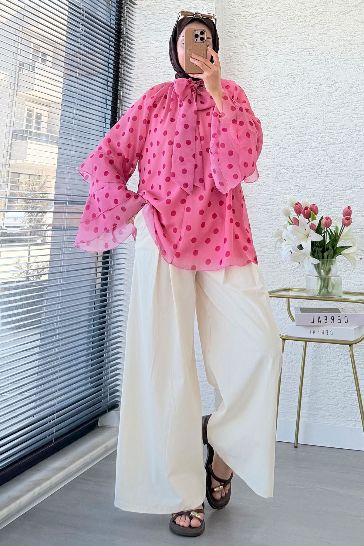 Premium Fular Bağlamalı Puantiyeli Şifon Bluz - Pembe