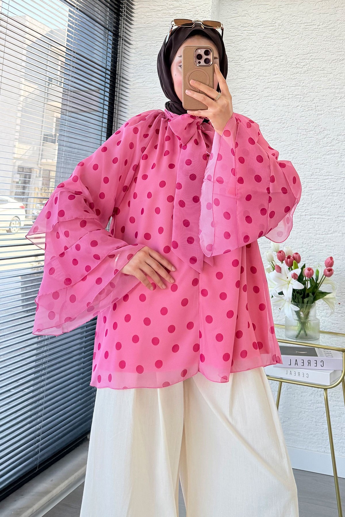 Premium Fular Bağlamalı Puantiyeli Şifon Bluz - Pembe