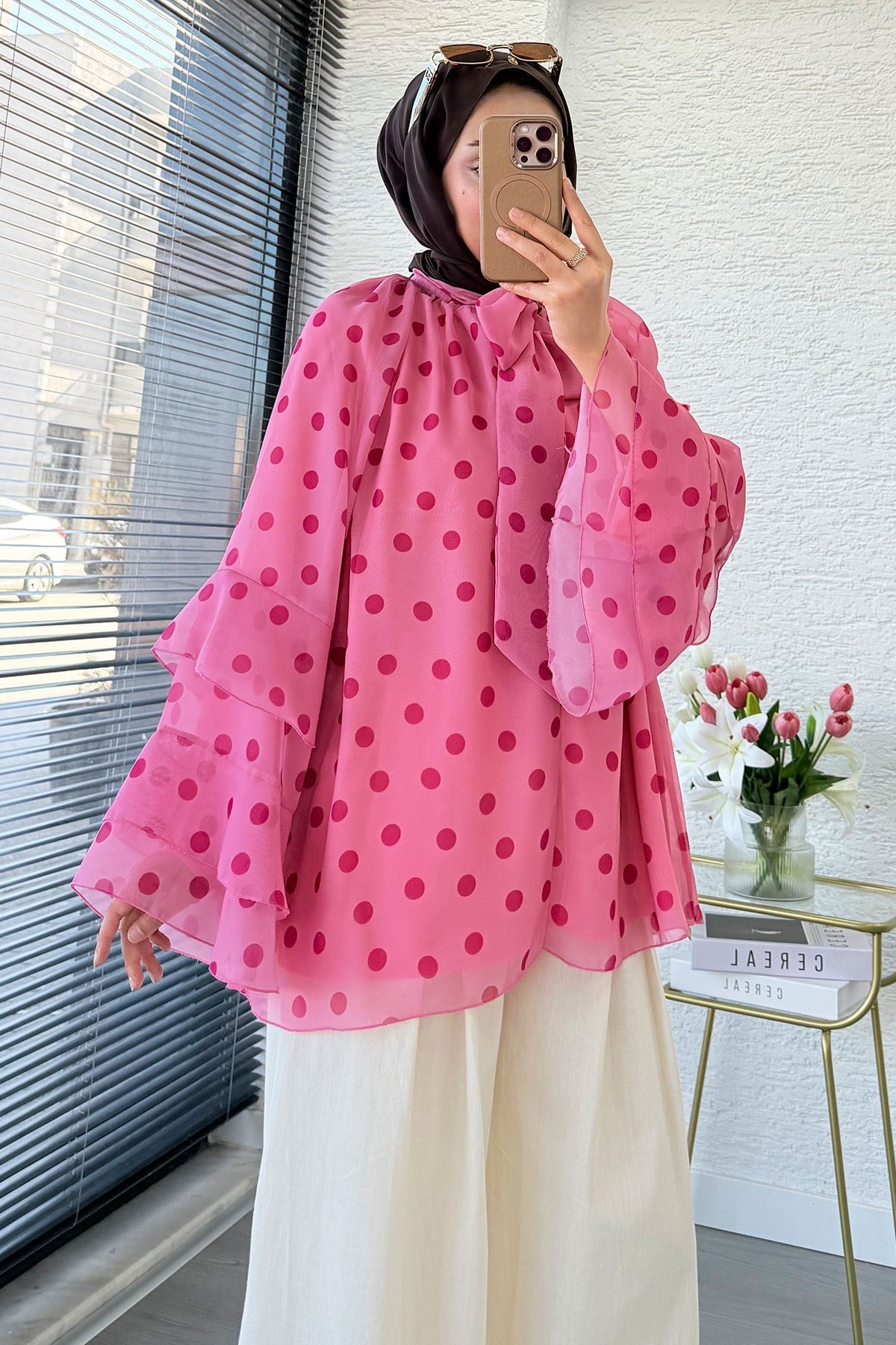 Premium Fular Bağlamalı Puantiyeli Şifon Bluz - Pembe