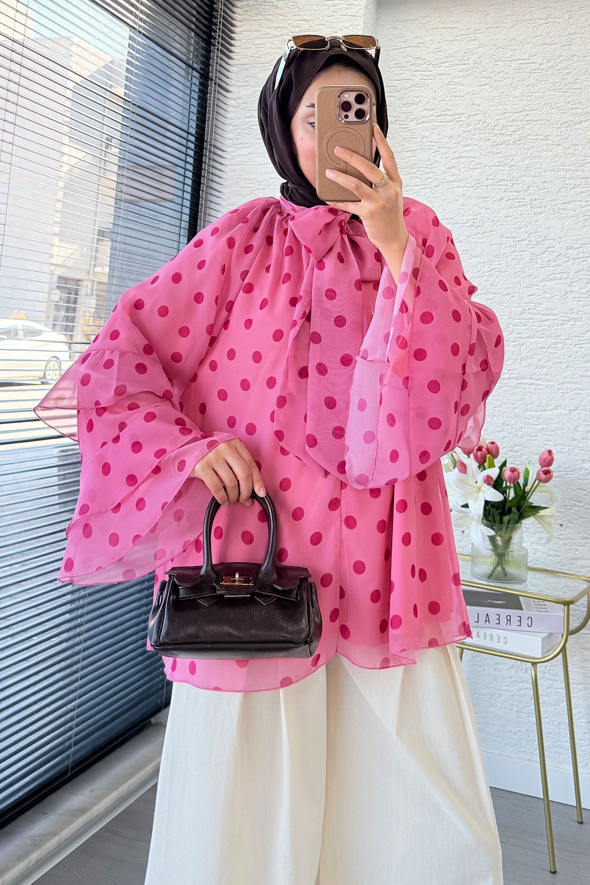 Premium Fular Bağlamalı Puantiyeli Şifon Bluz - Pembe