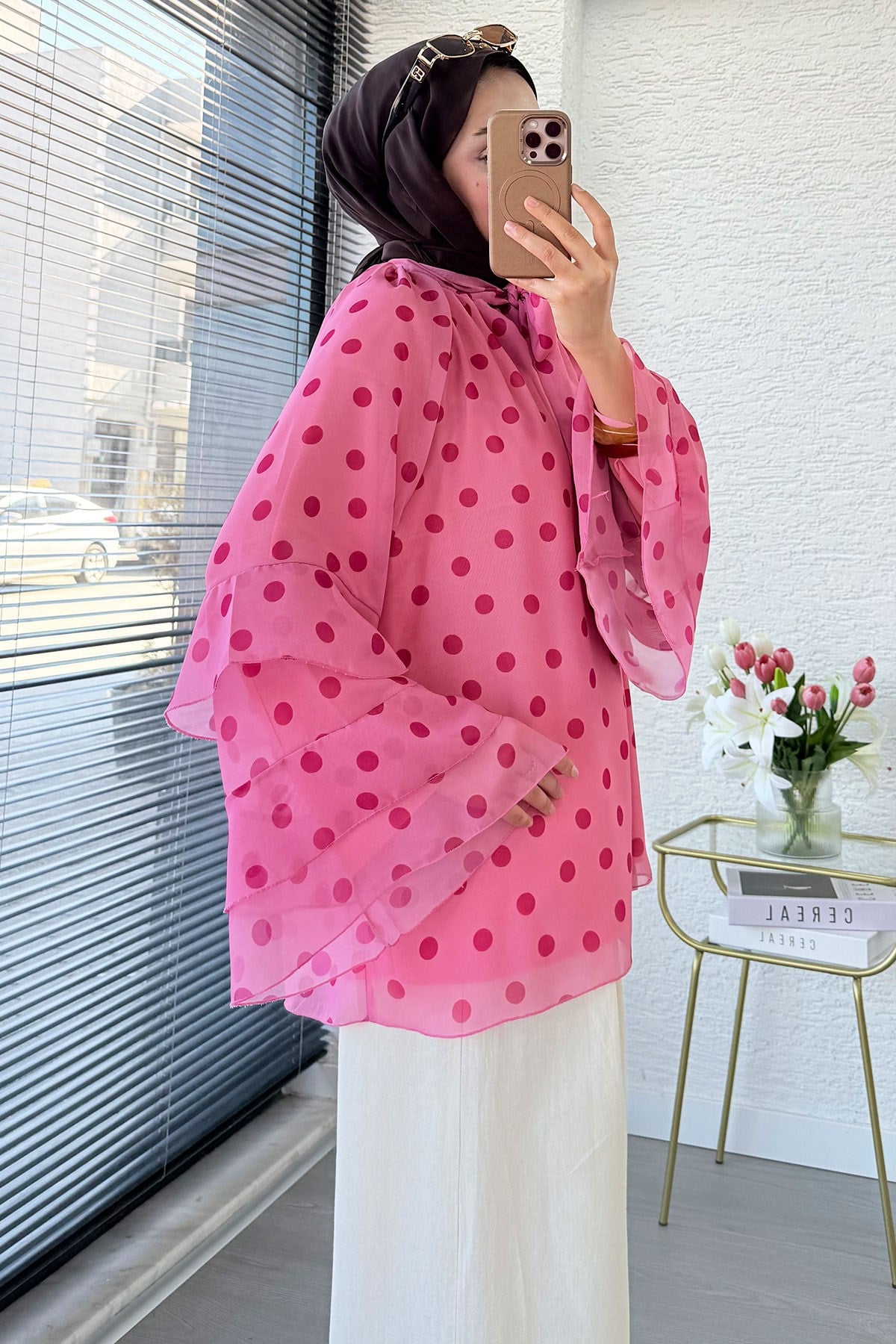 Premium Fular Bağlamalı Puantiyeli Şifon Bluz - Pembe