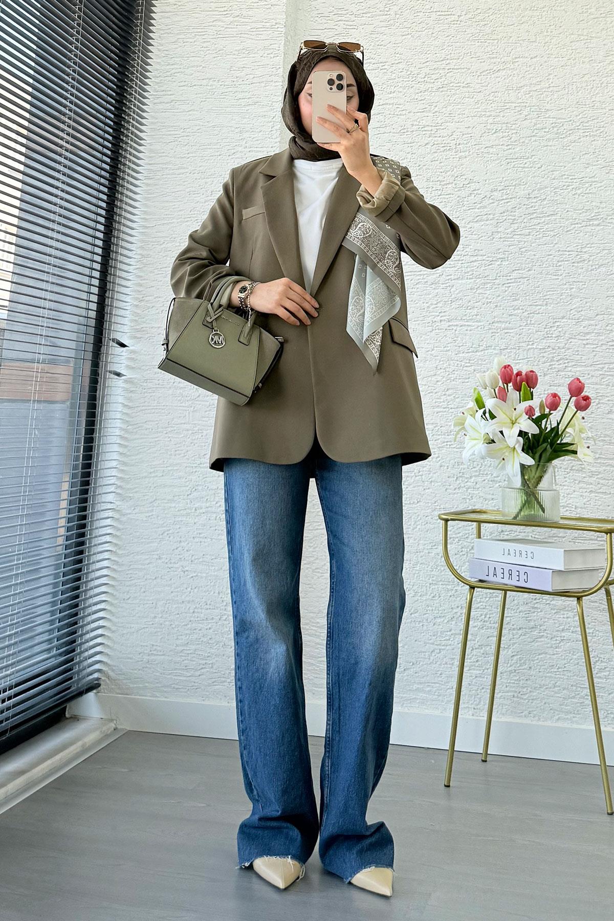 Premium Fular Detaylı Blazer Ceket – Haki 