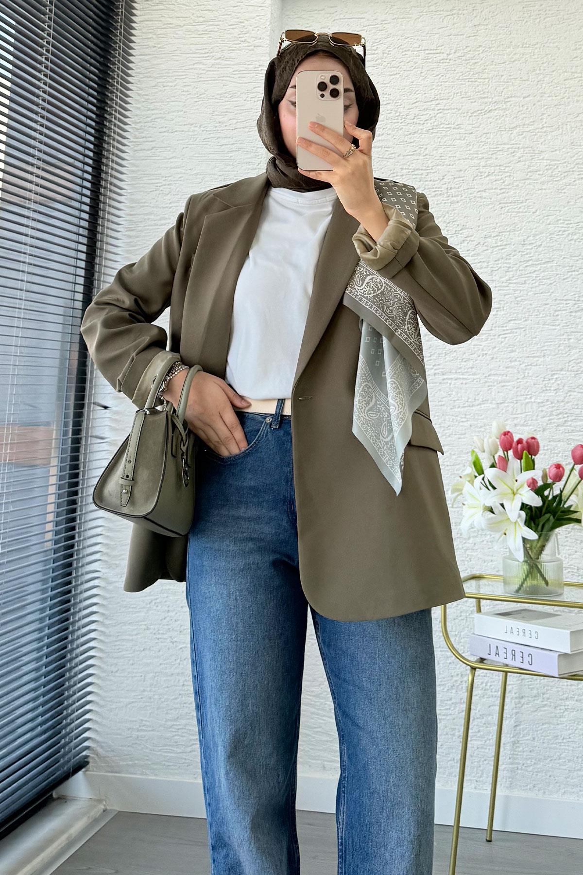 Premium Fular Detaylı Blazer Ceket – Haki 