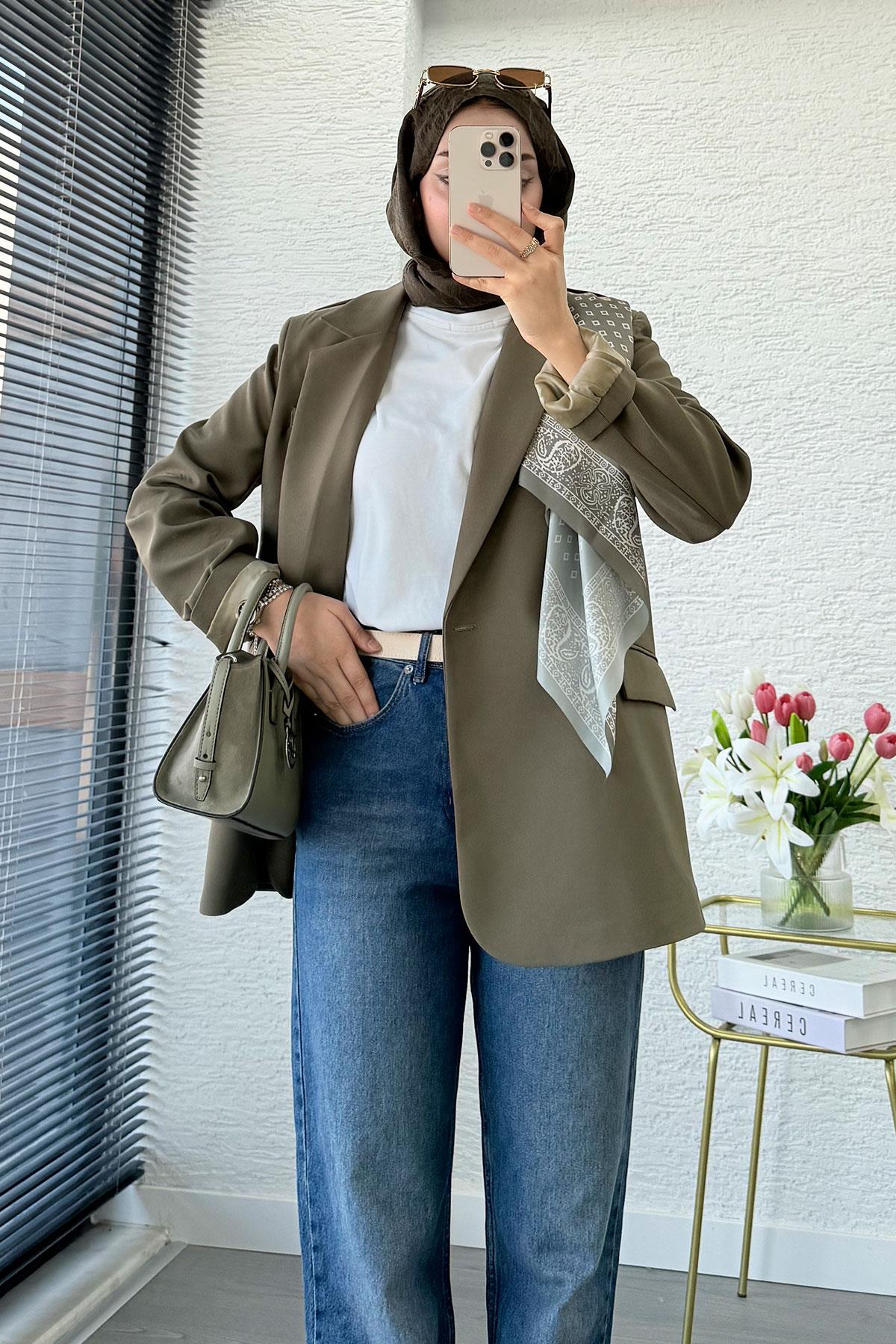 Premium Fular Detaylı Blazer Ceket – Haki 