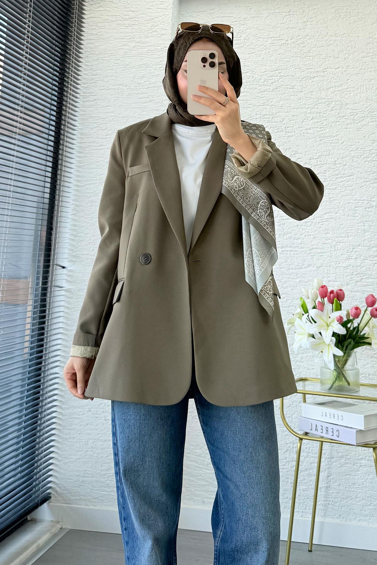Premium Fular Detaylı Blazer Ceket – Haki 