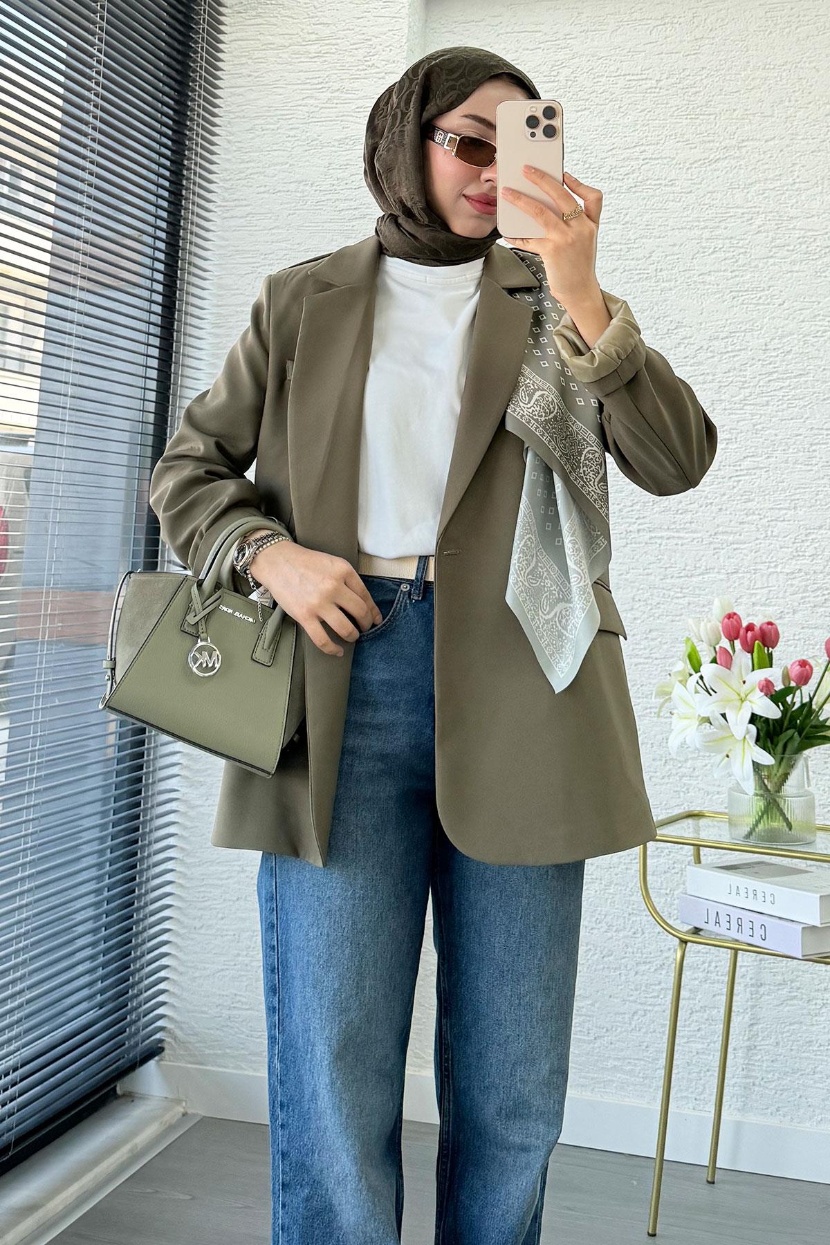 Premium Fular Detaylı Blazer Ceket – Haki 