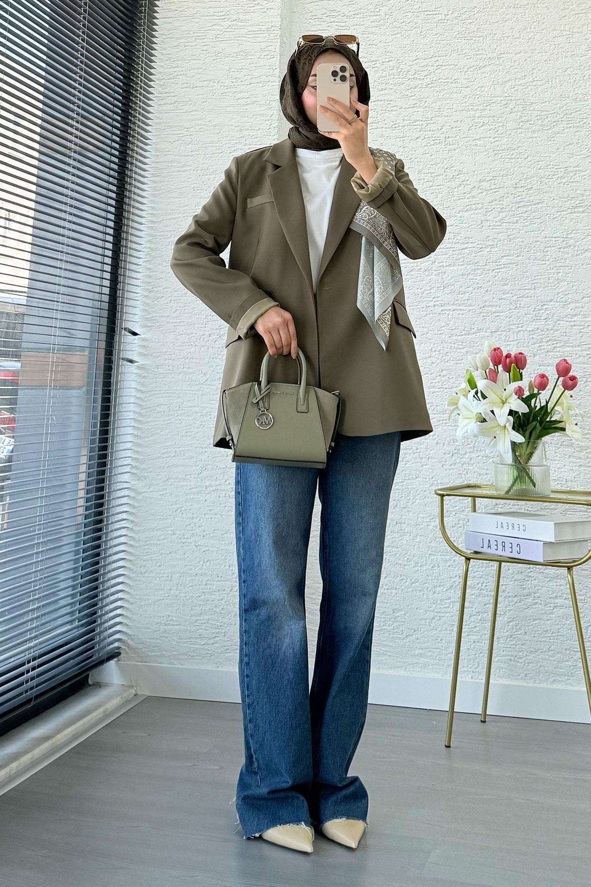 Premium Fular Detaylı Blazer Ceket – Haki 