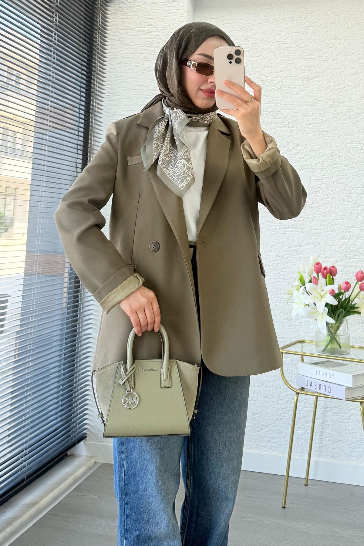 Premium Fular Detaylı Blazer Ceket – Haki 
