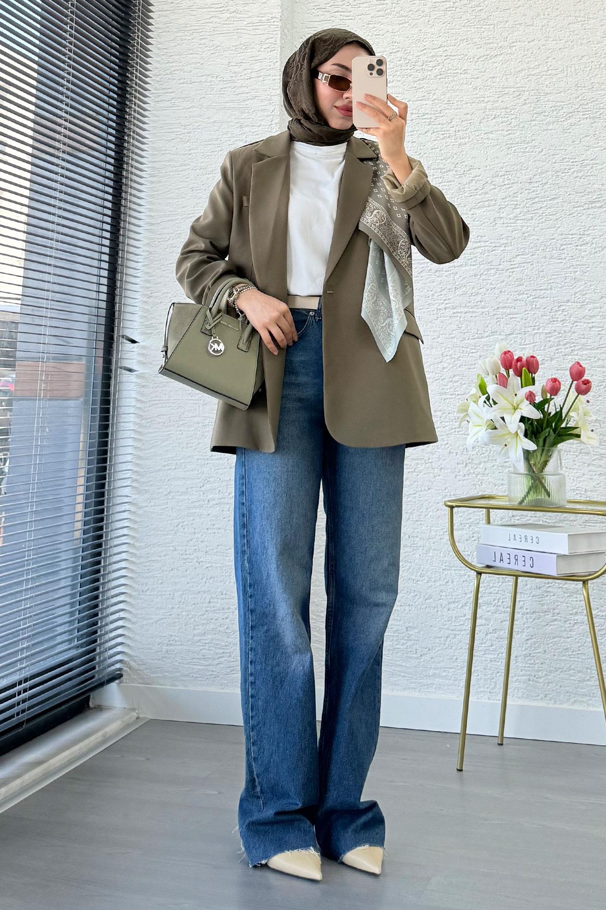 Premium Fular Detaylı Blazer Ceket – Haki 
