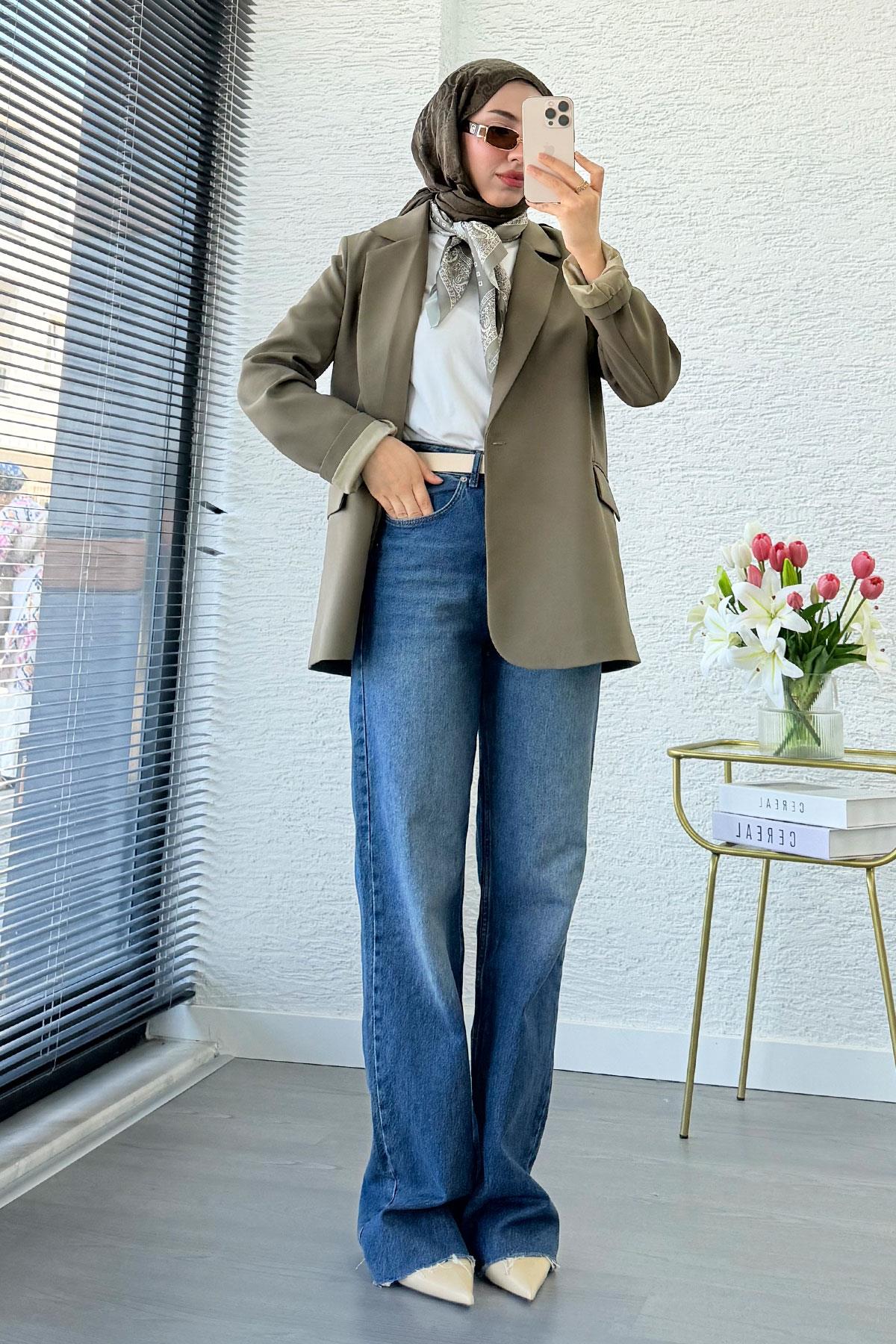 Premium Fular Detaylı Blazer Ceket – Haki 