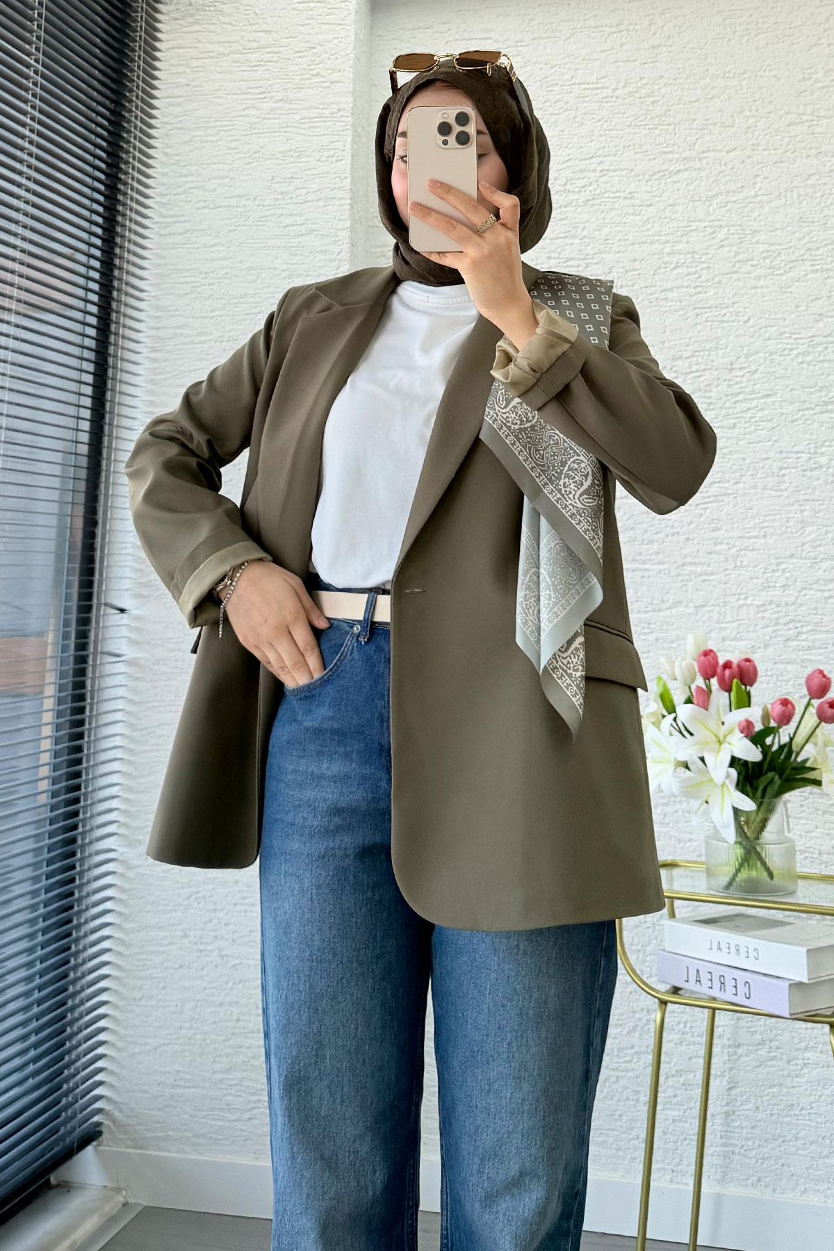 Premium Fular Detaylı Blazer Ceket – Haki 