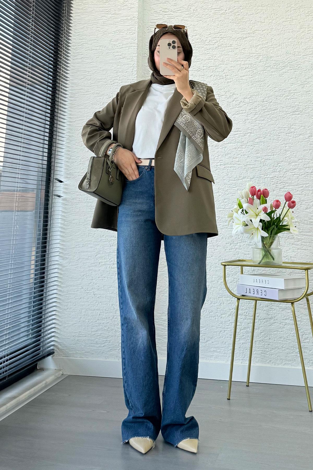 Premium Fular Detaylı Blazer Ceket – Haki 