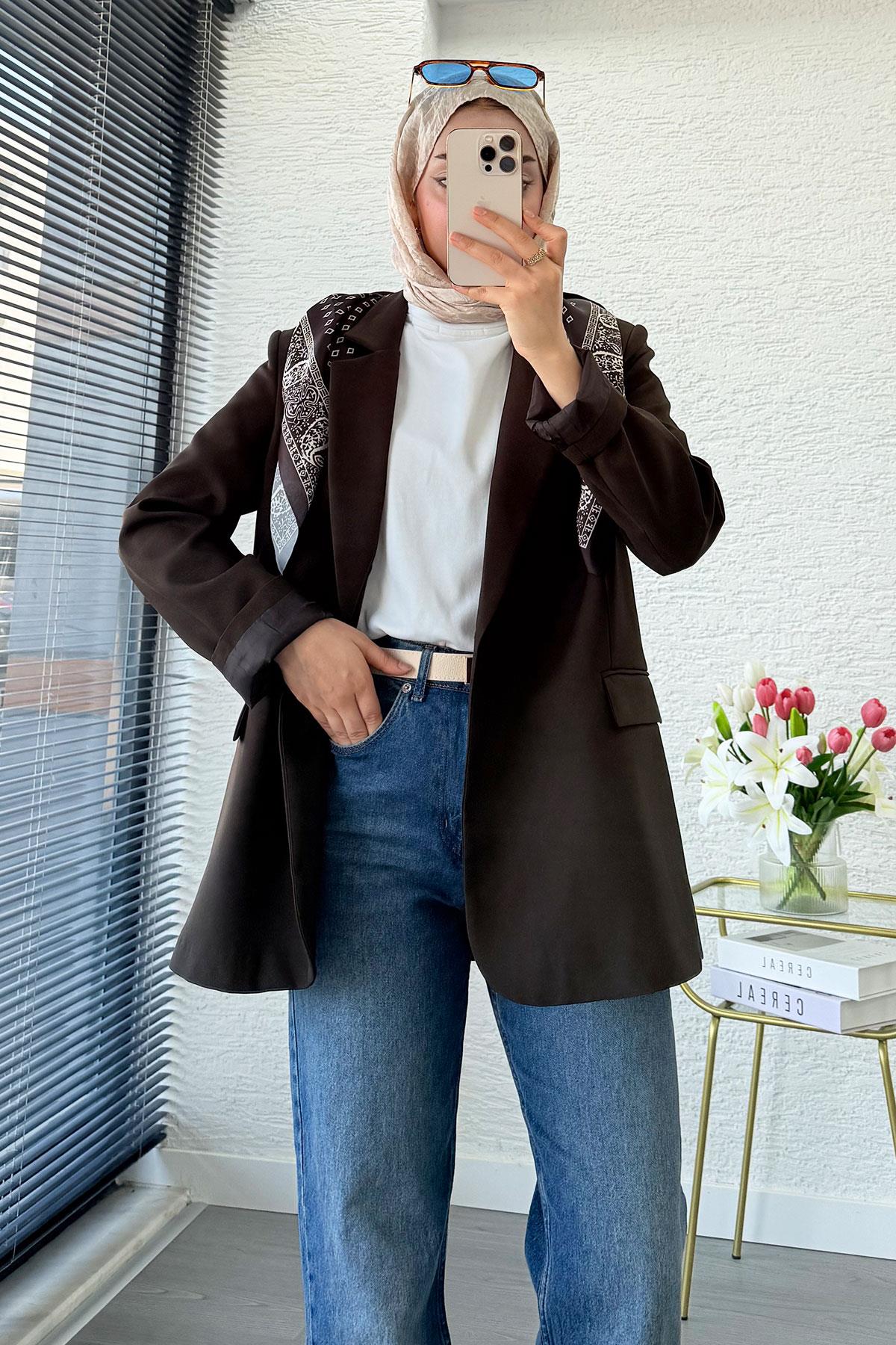 Premium Fular Detaylı Blazer Ceket – Kahverengi