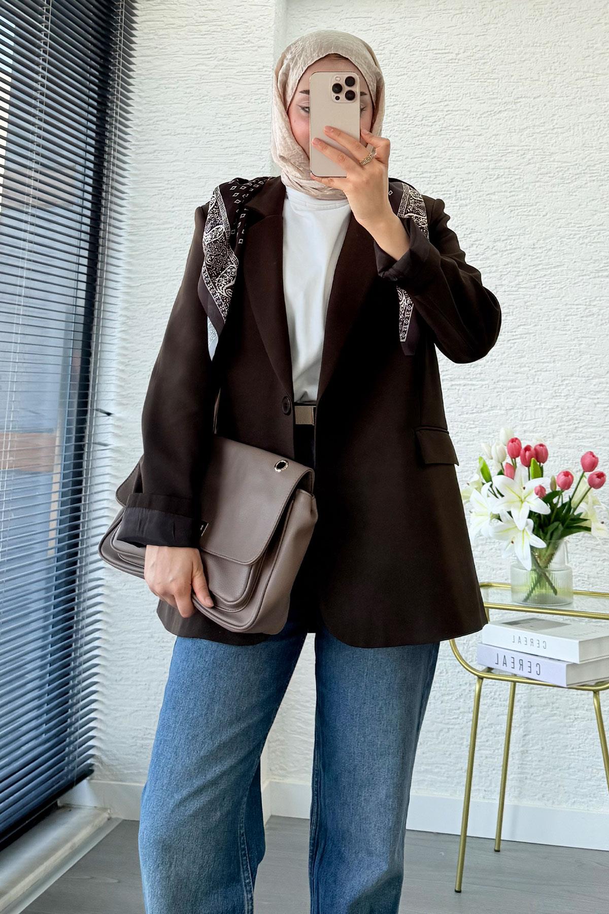 Premium Fular Detaylı Blazer Ceket – Kahverengi