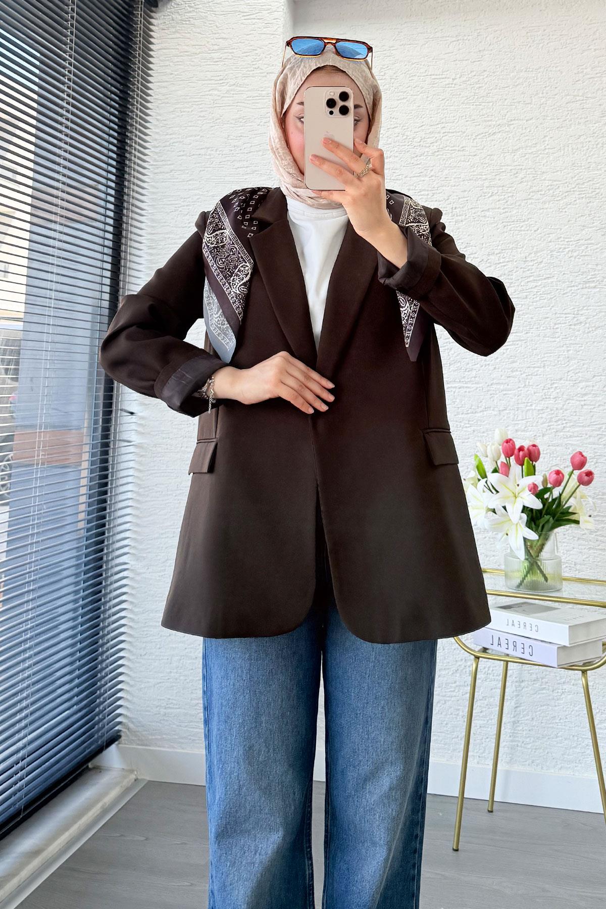 Premium Fular Detaylı Blazer Ceket – Kahverengi