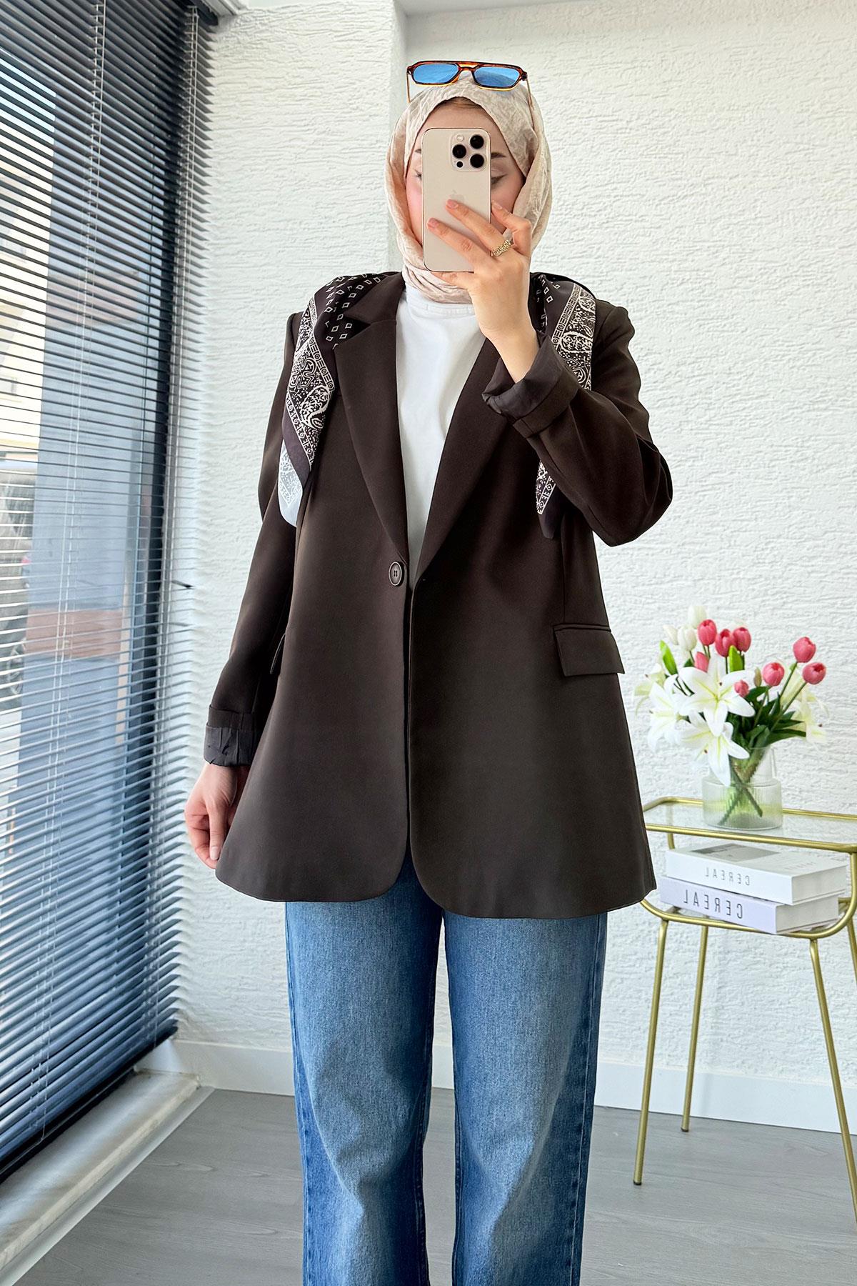 Premium Fular Detaylı Blazer Ceket – Kahverengi