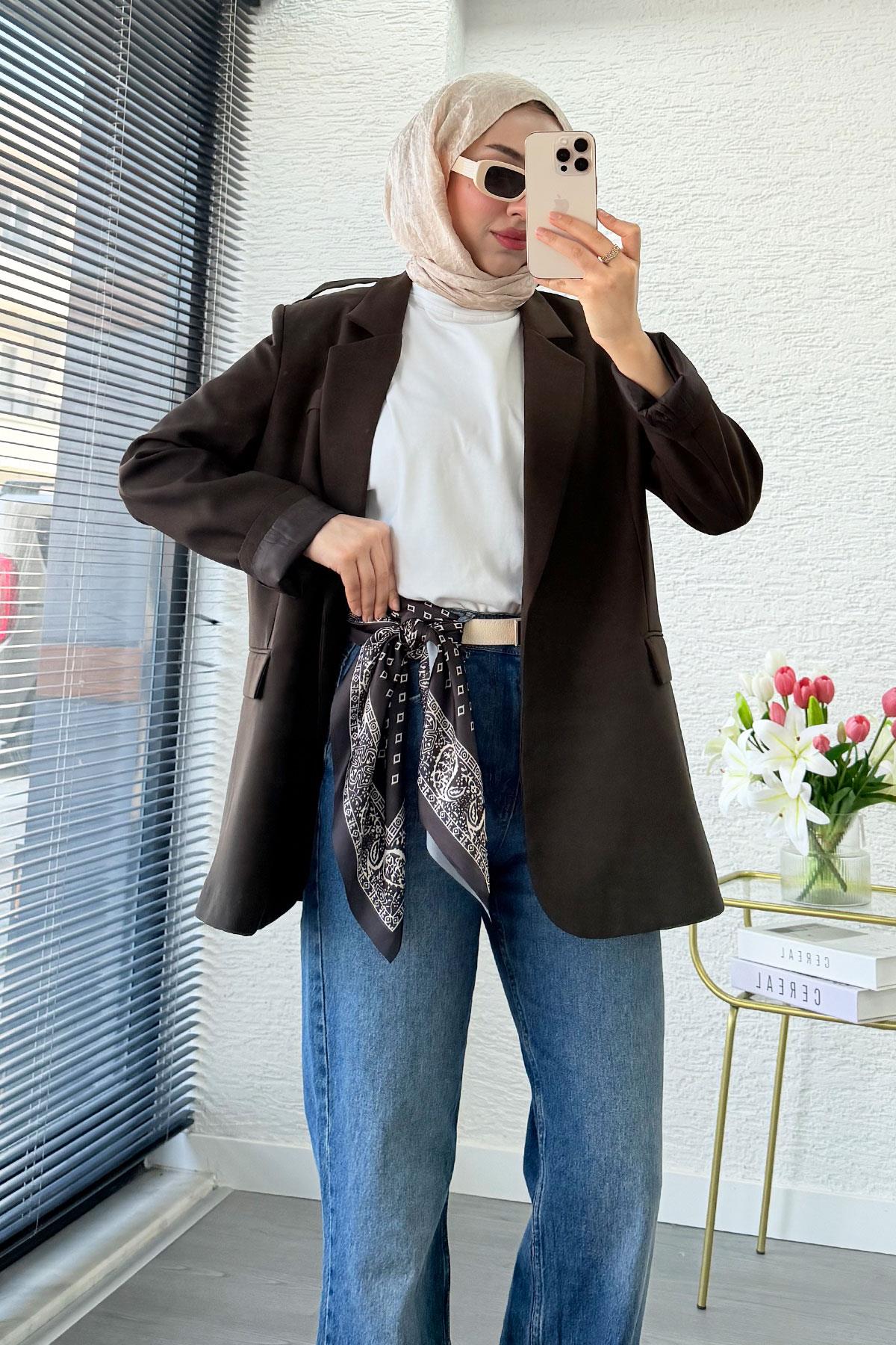 Premium Fular Detaylı Blazer Ceket – Kahverengi