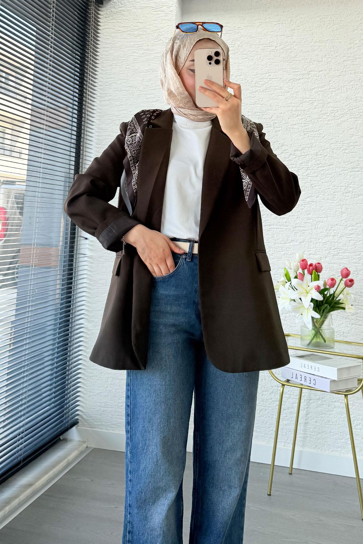 Premium Fular Detaylı Blazer Ceket – Kahverengi
