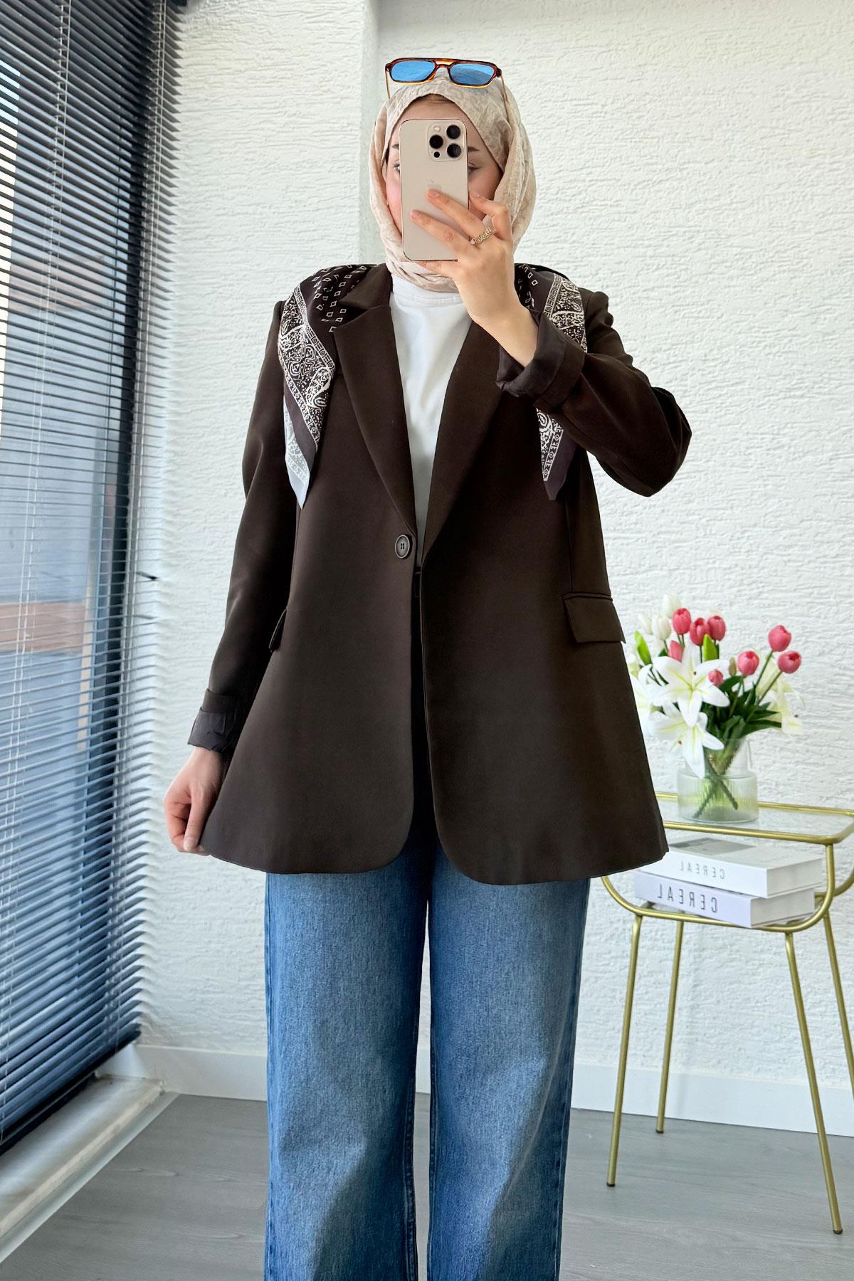 Premium Fular Detaylı Blazer Ceket – Kahverengi