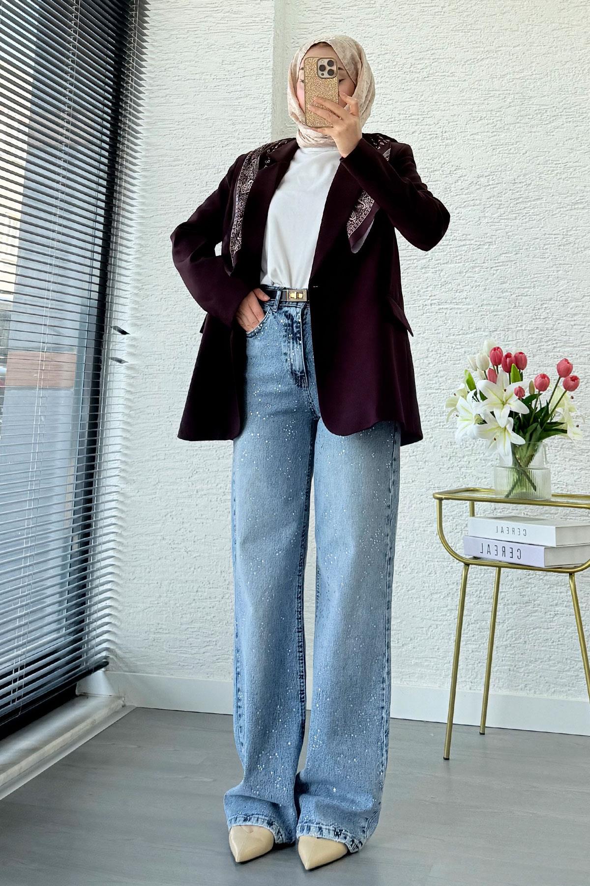 Premium Fular Detaylı Blazer Ceket – Mürdüm