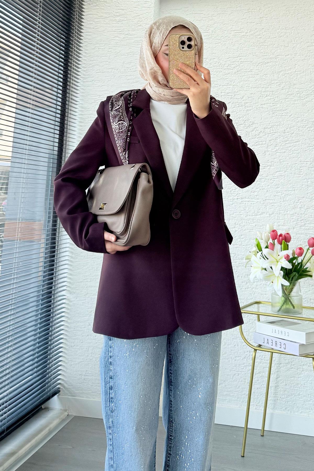 Premium Fular Detaylı Blazer Ceket – Mürdüm