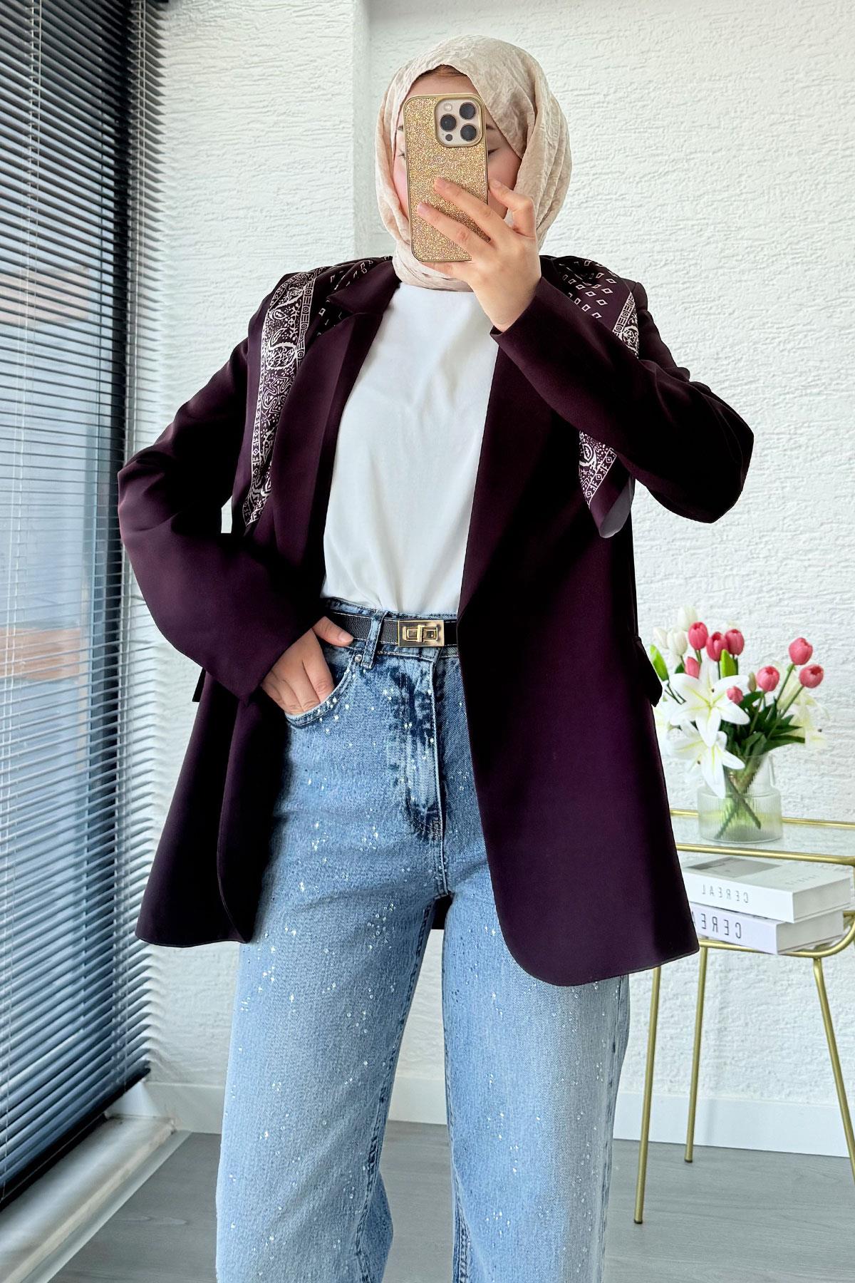 Premium Fular Detaylı Blazer Ceket – Mürdüm