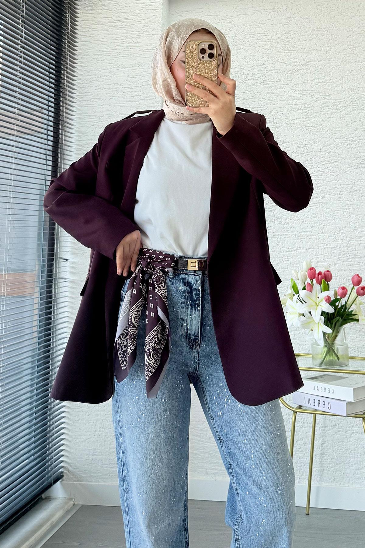 Premium Fular Detaylı Blazer Ceket – Mürdüm
