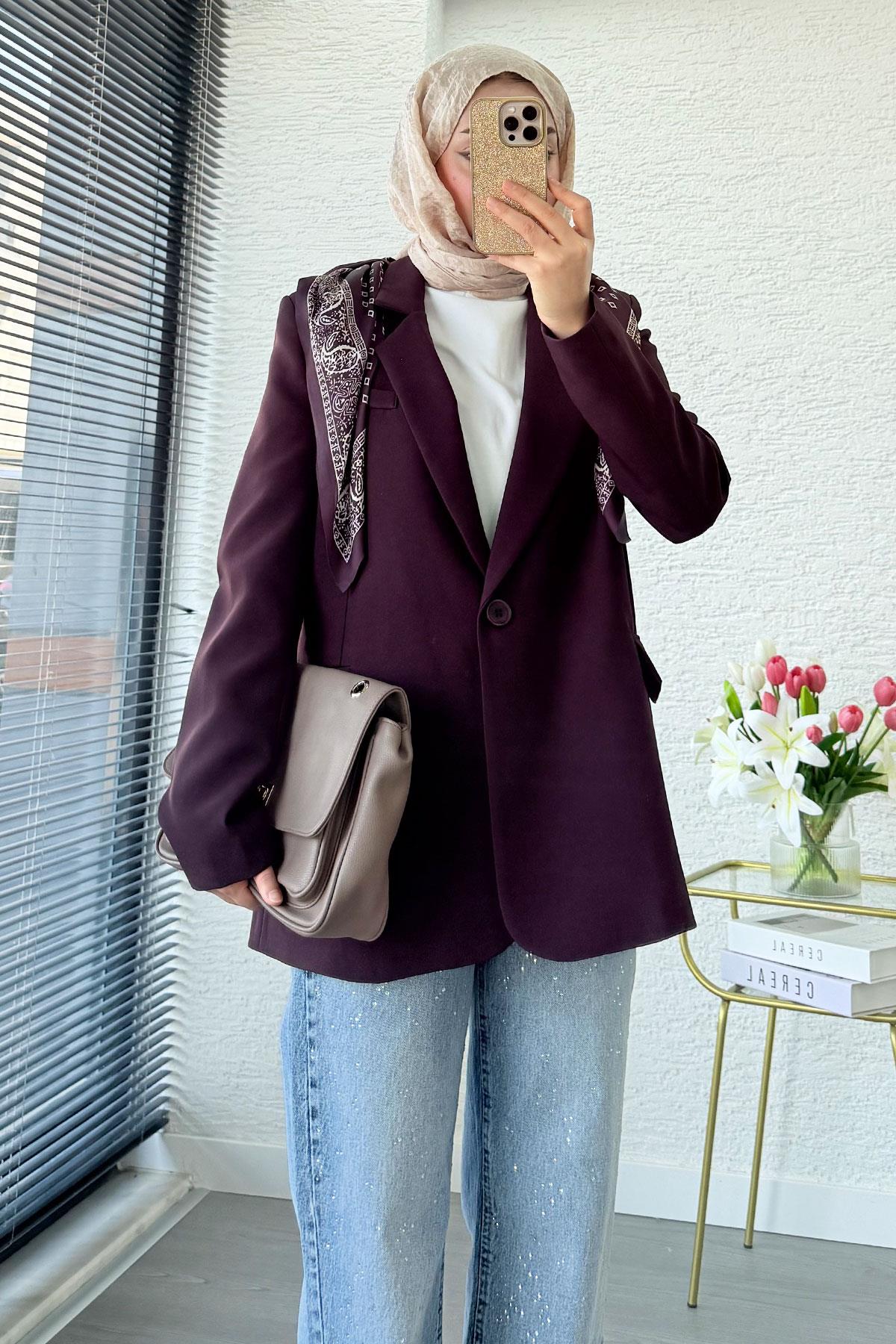 Premium Fular Detaylı Blazer Ceket – Mürdüm
