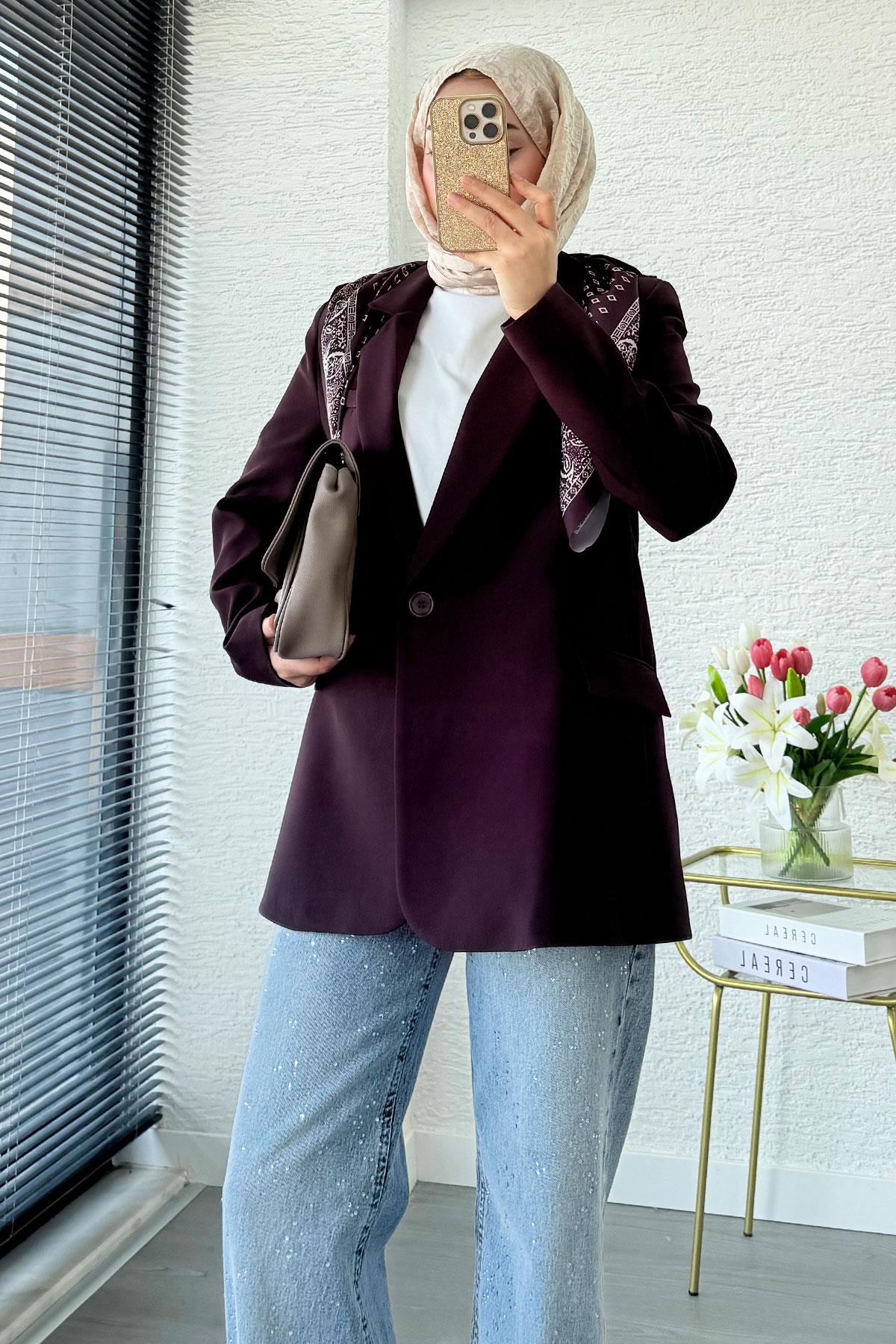 Premium Fular Detaylı Blazer Ceket – Mürdüm