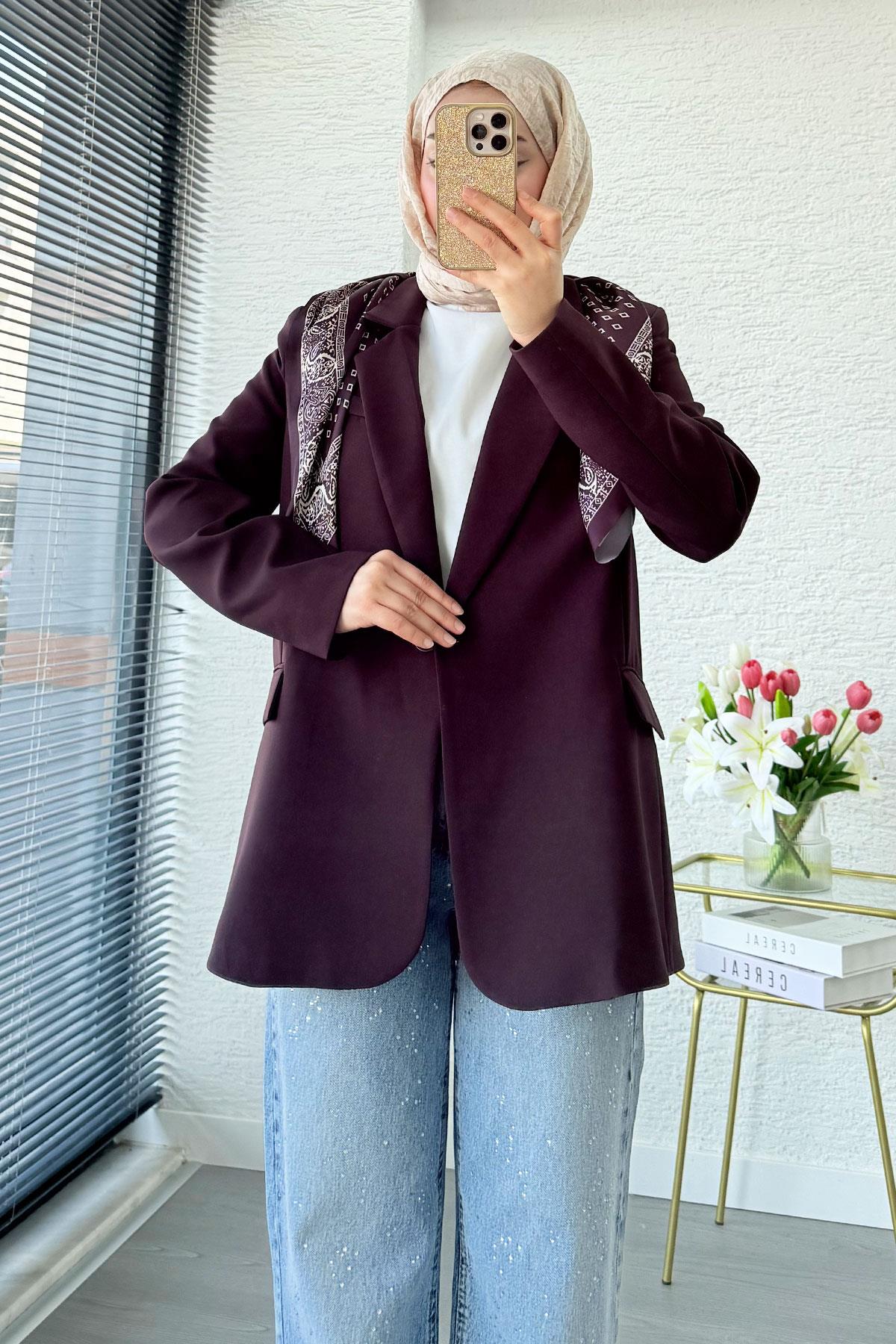 Premium Fular Detaylı Blazer Ceket – Mürdüm
