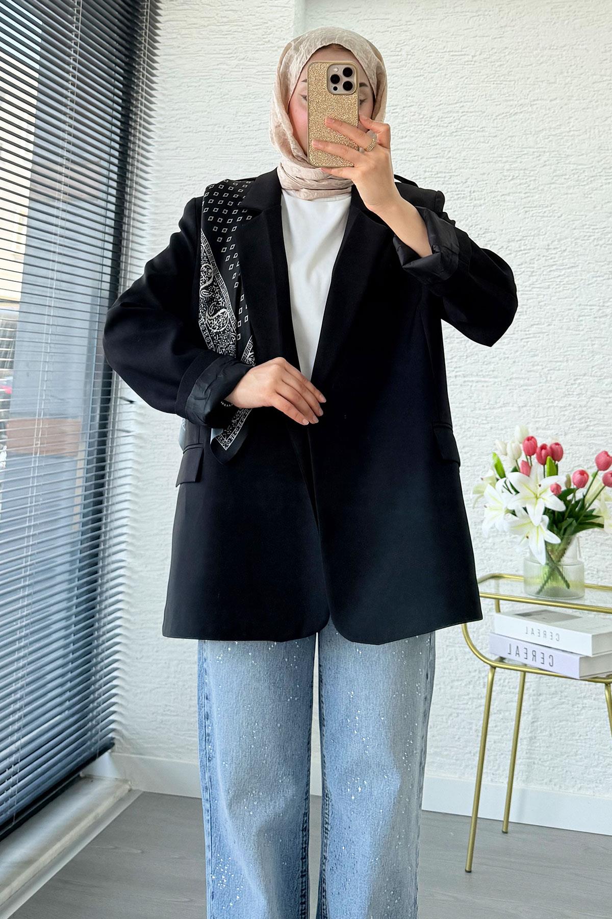 Premium Fular Detaylı Blazer Ceket – Siyah