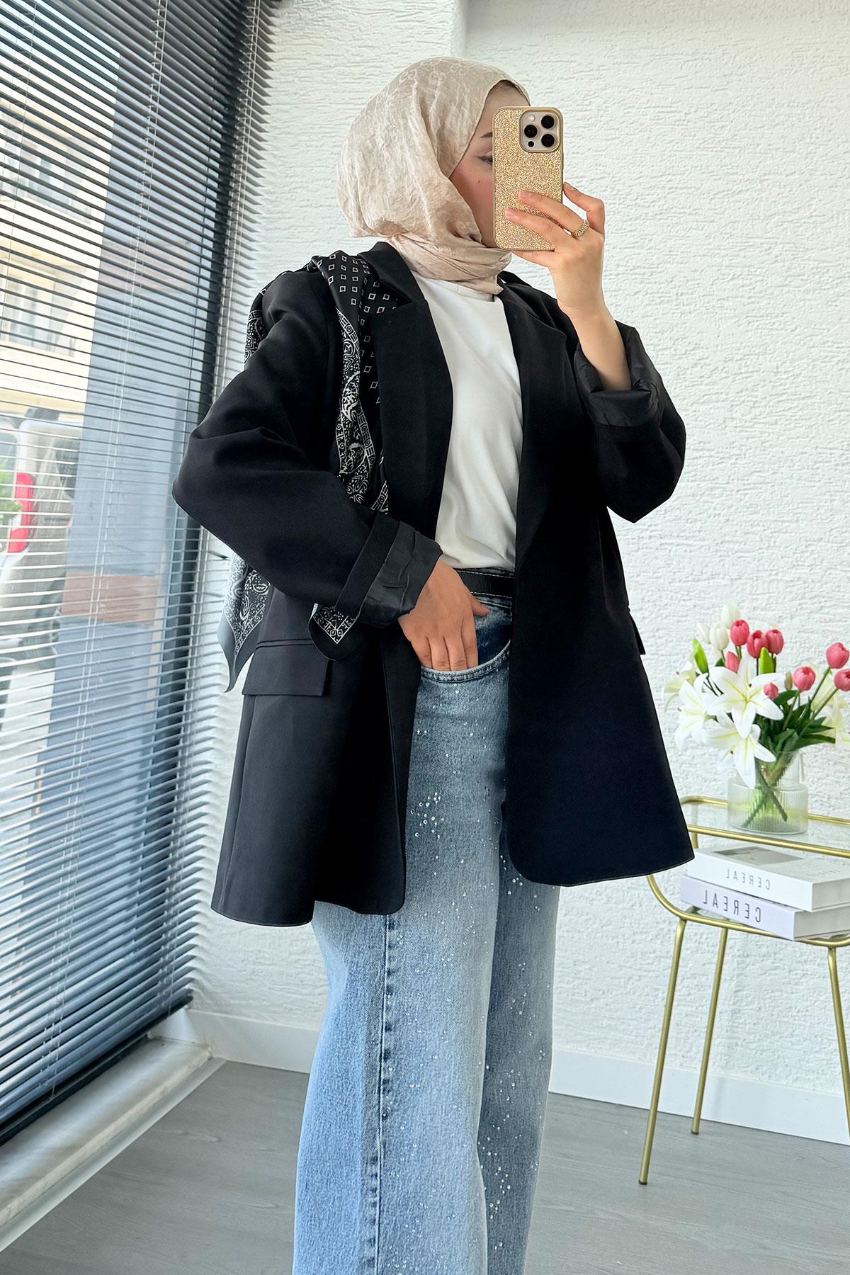 Premium Fular Detaylı Blazer Ceket – Siyah