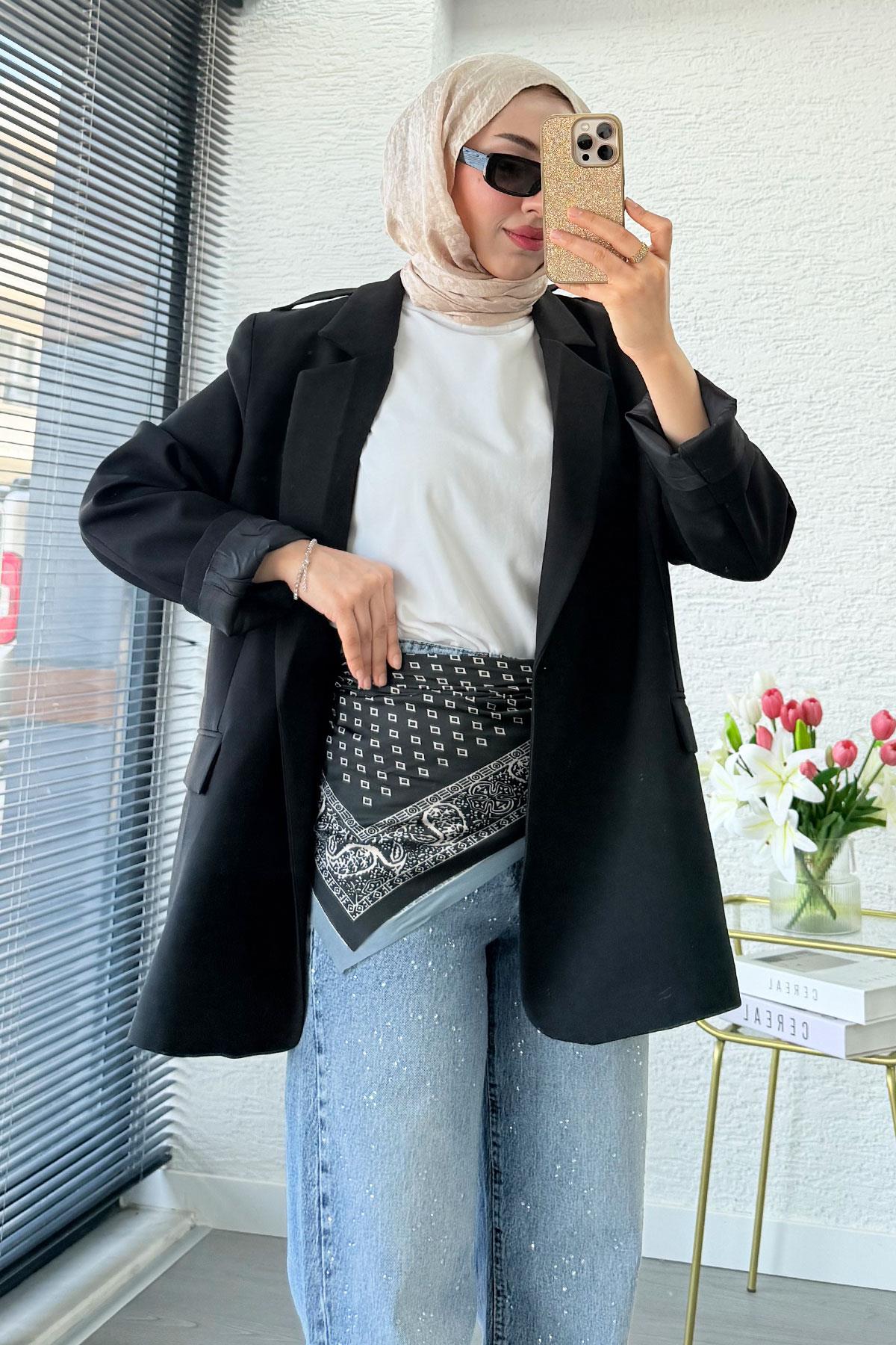 Premium Fular Detaylı Blazer Ceket – Siyah