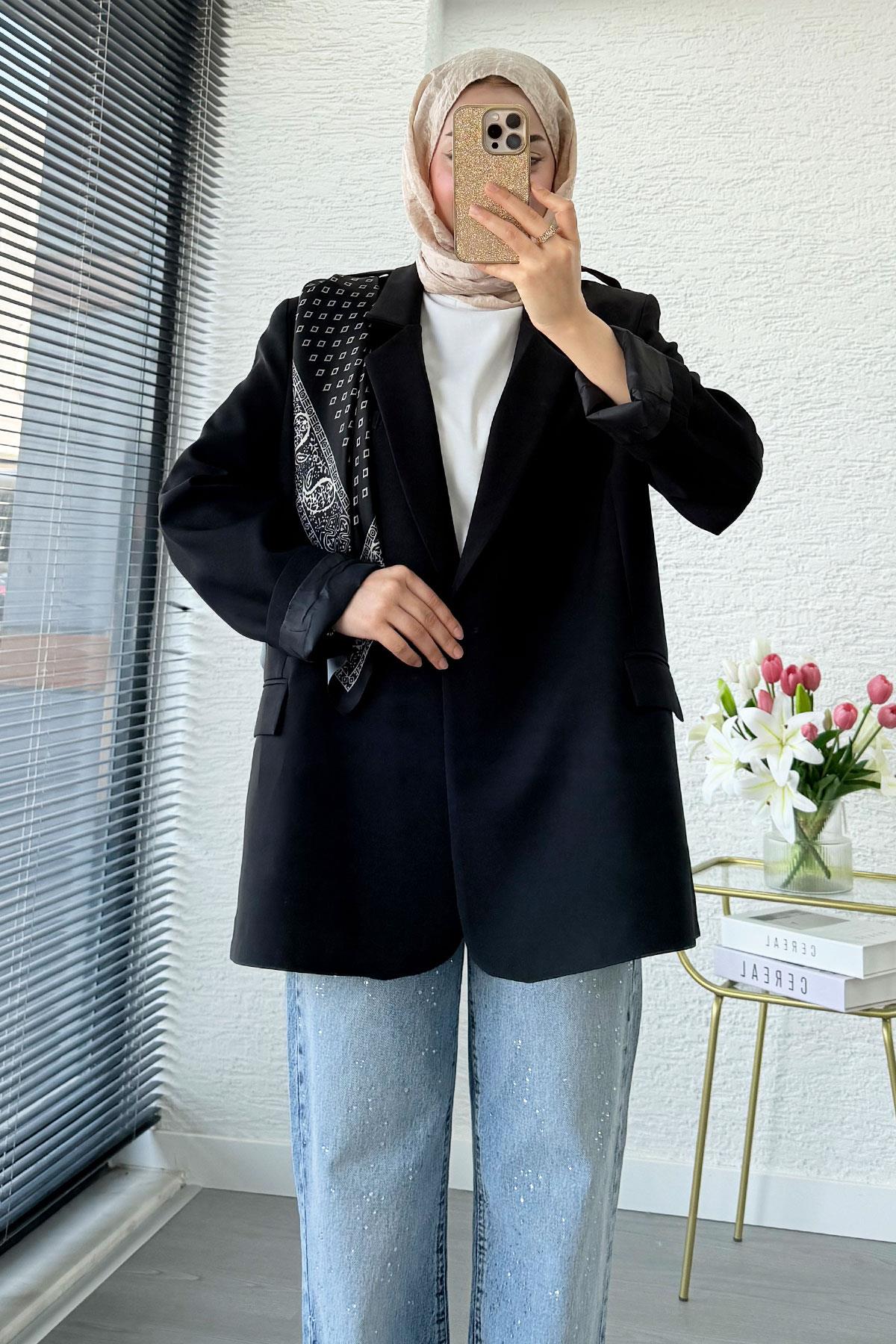 Premium Fular Detaylı Blazer Ceket – Siyah