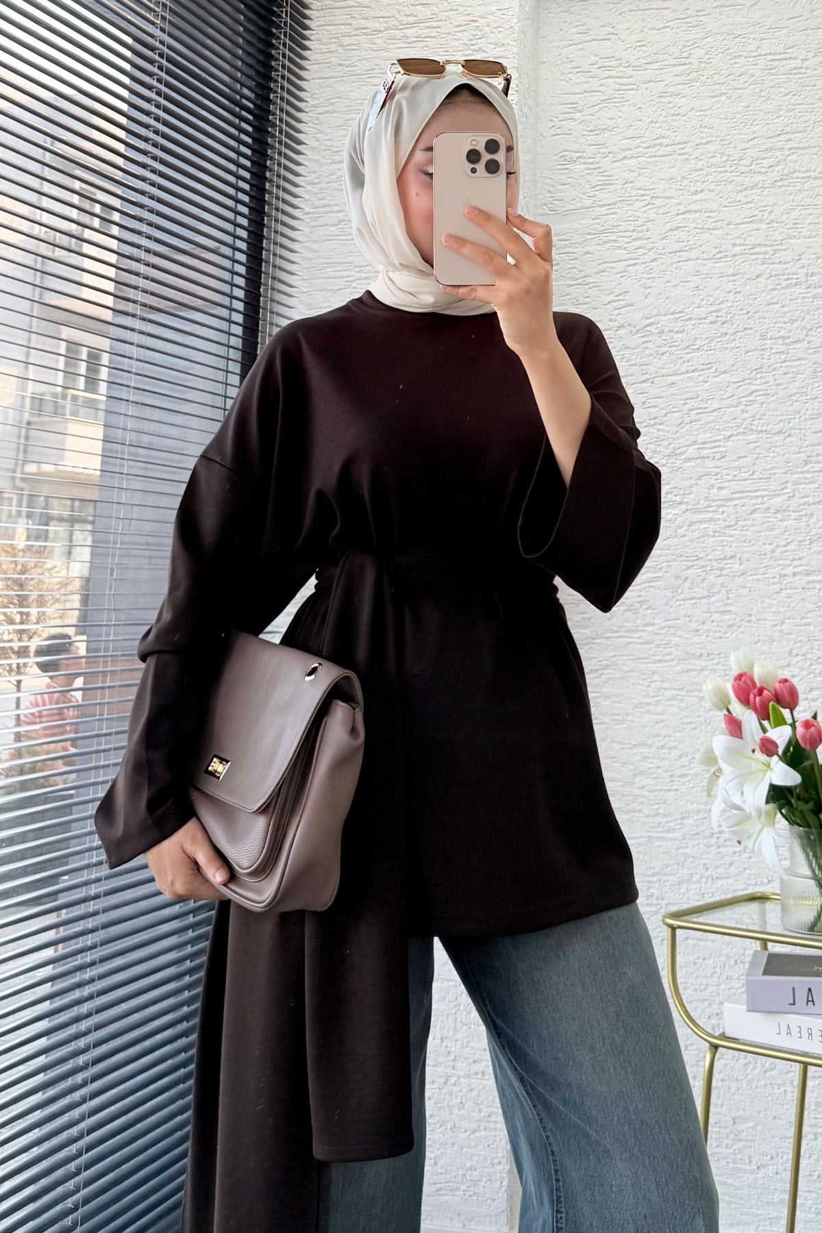 Premıum Fular Detaylı Double Face Bluz - Kahverengi