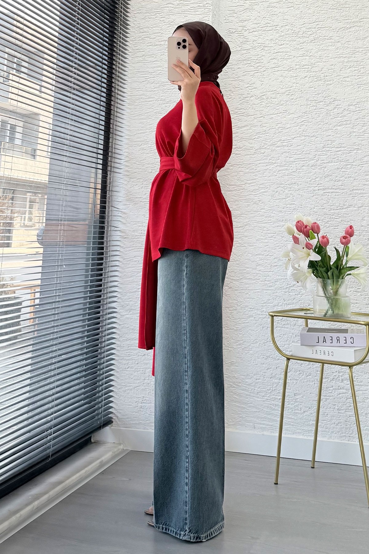 Premıum Fular Detaylı Double Face Bluz - Kırmızı