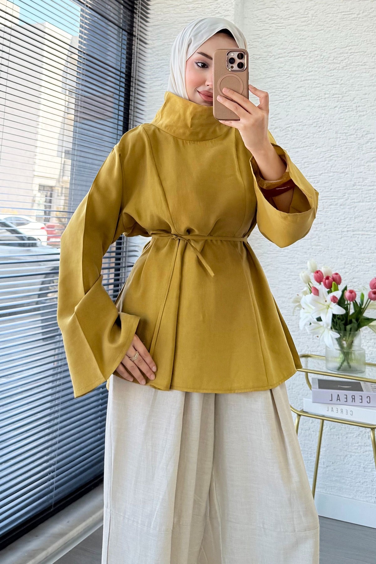 Premium Geniş Yaka Tasarım Modal Bluz - Yağ Yeşili