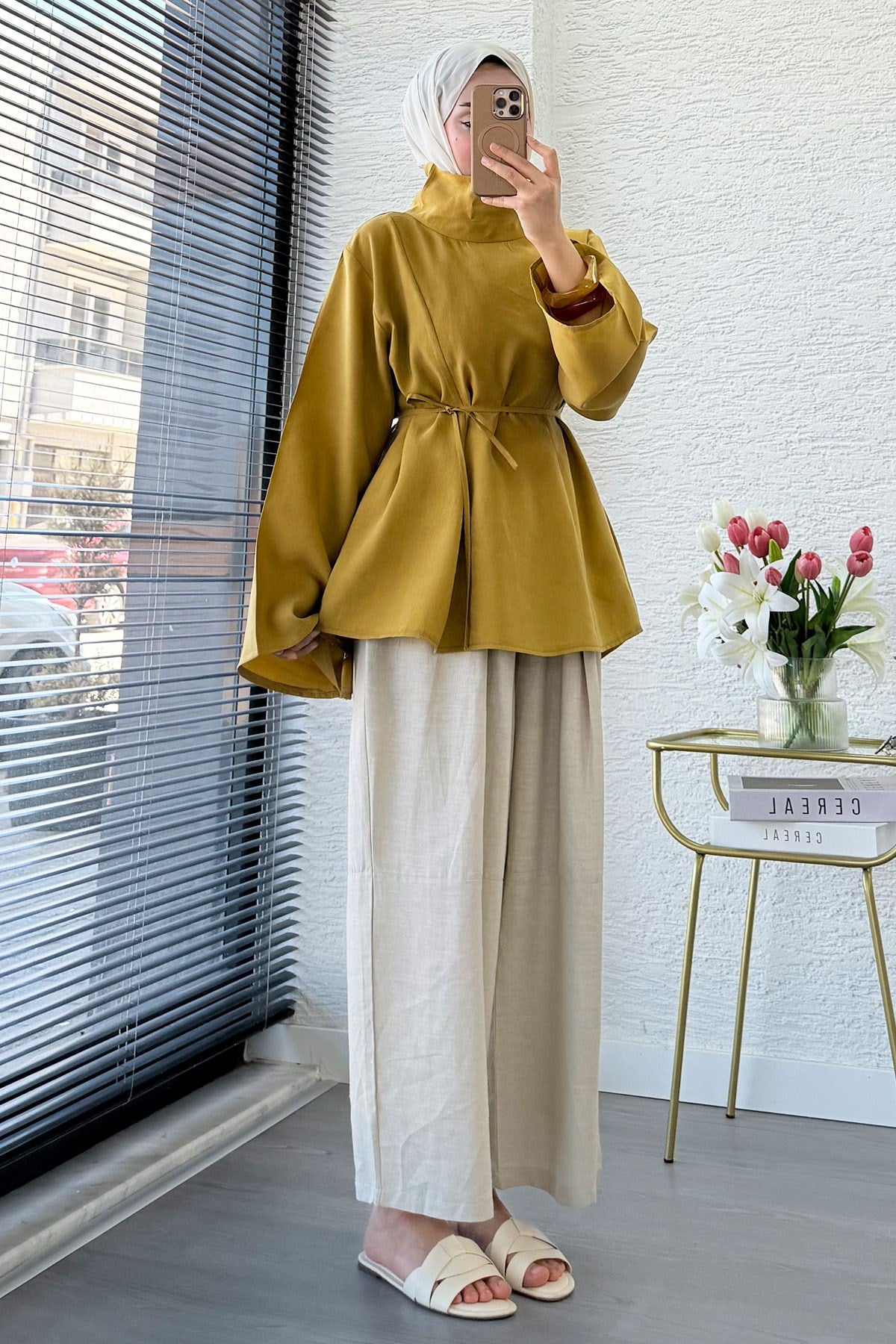Premium Geniş Yaka Tasarım Modal Bluz - Yağ Yeşili