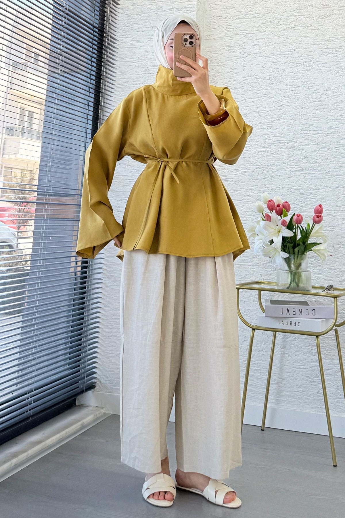 Premium Geniş Yaka Tasarım Modal Bluz - Yağ Yeşili