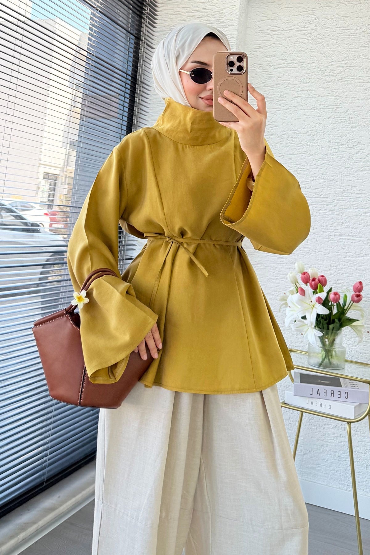 Premium Geniş Yaka Tasarım Modal Bluz - Yağ Yeşili